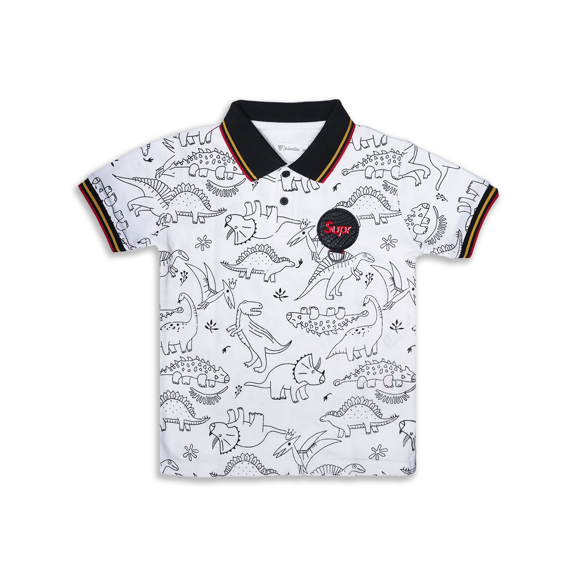 Status Quo Boys' White Dinosaur Outline Print Polo with Black Collar