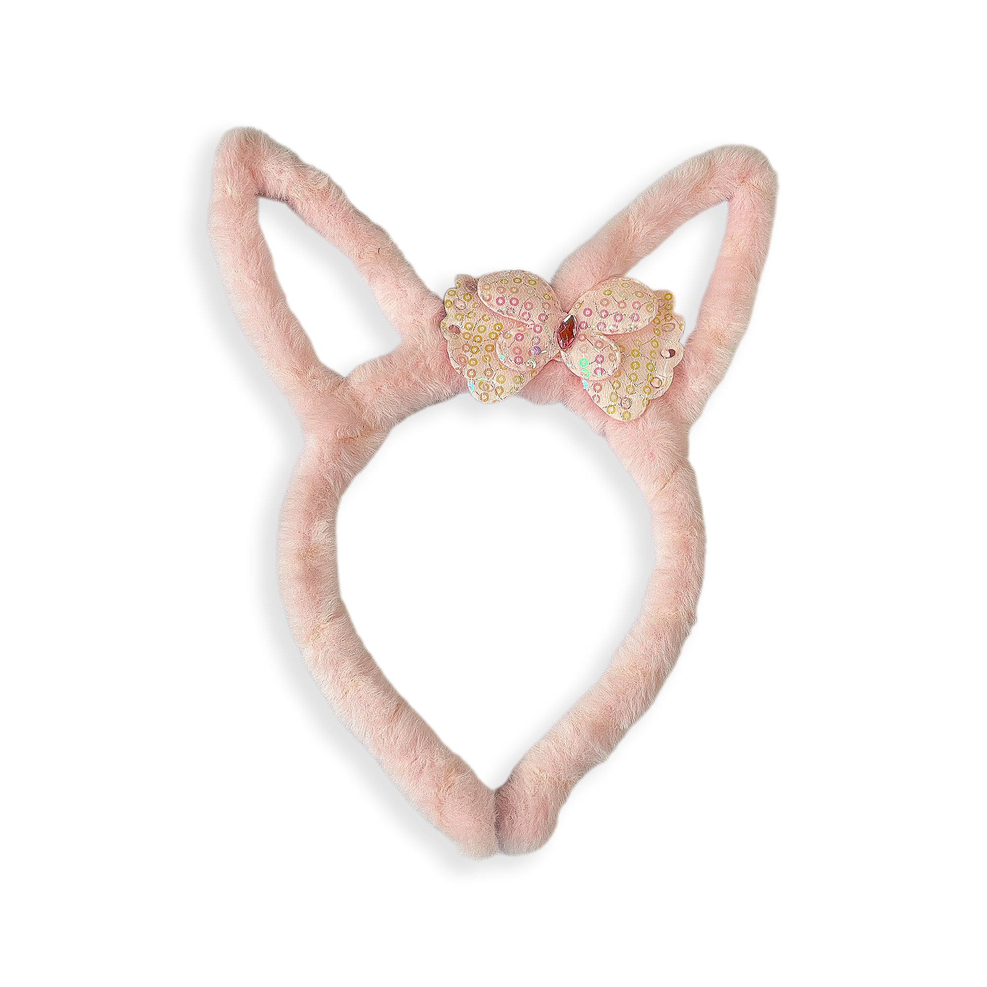 Plush Light Pink Bunny Ears Hairband with Floral Bow