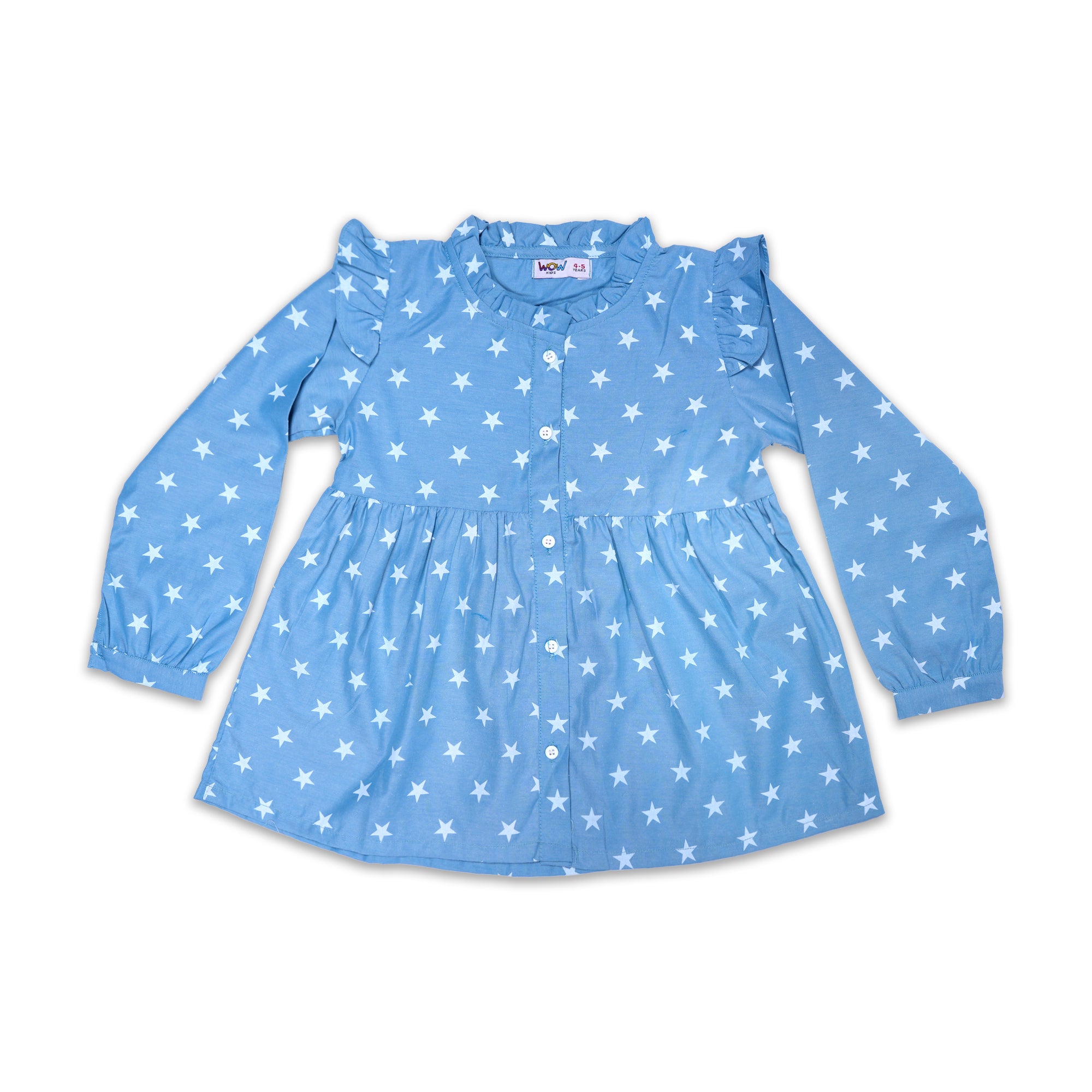 WOW Girls' Light Blue Star Print Blouse with Ruffled Sleeves