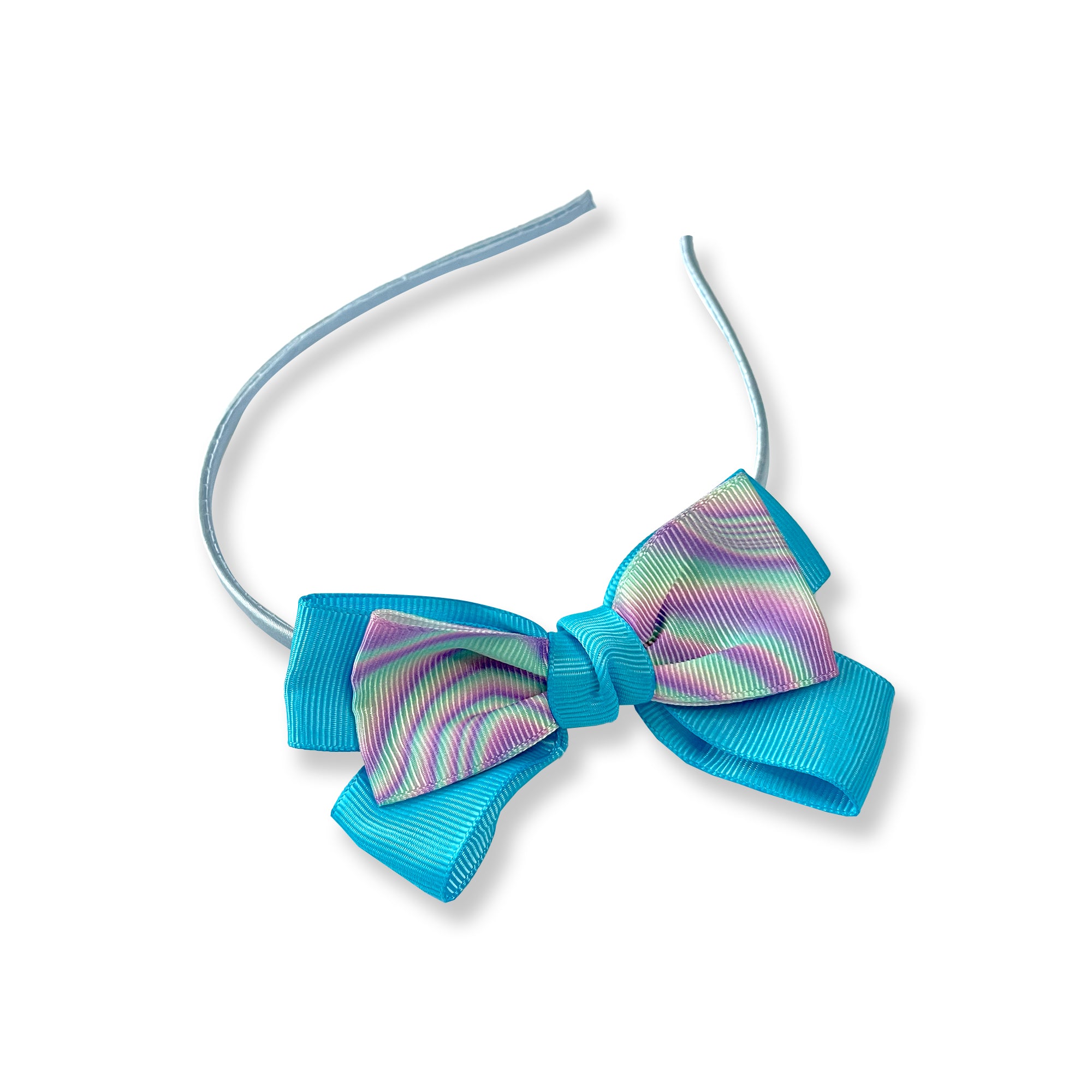Light Blue Hairband with Iridescent Stripe Ribbon Bow
