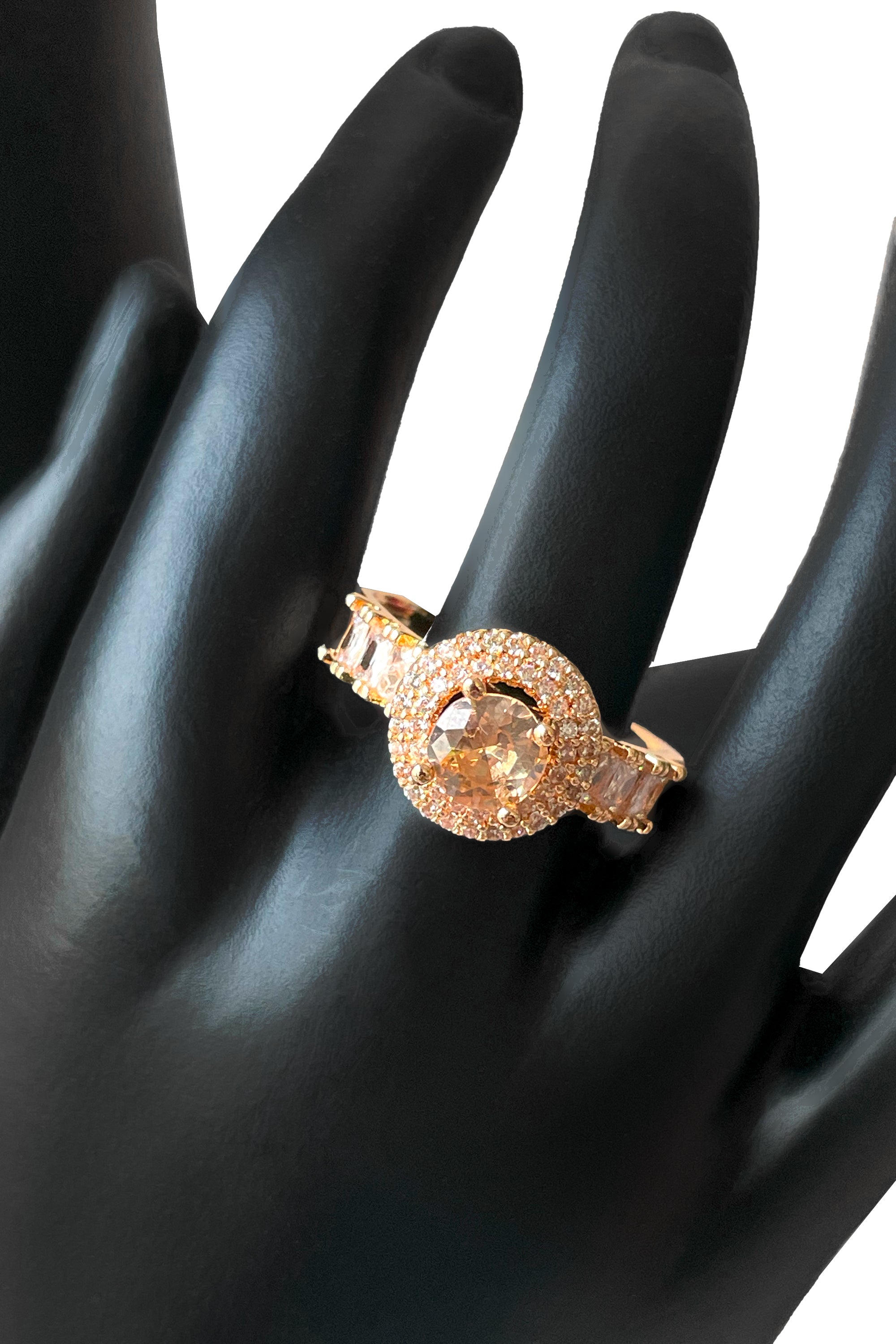 Gold-Tone Halo Ring with Peach Center Stone & Crystal Accents