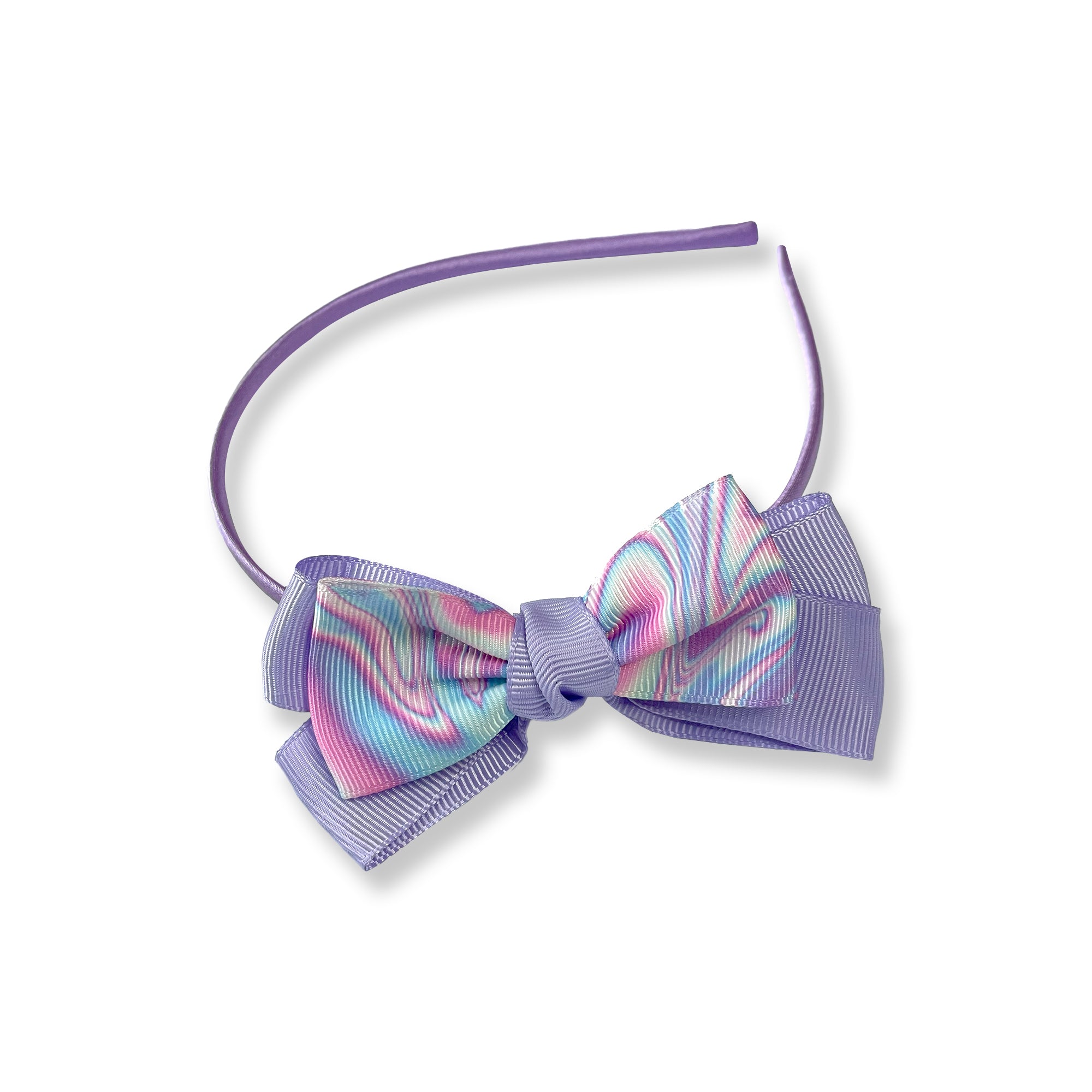 Lavender Hairband with Iridescent Swirl Ribbon Bow