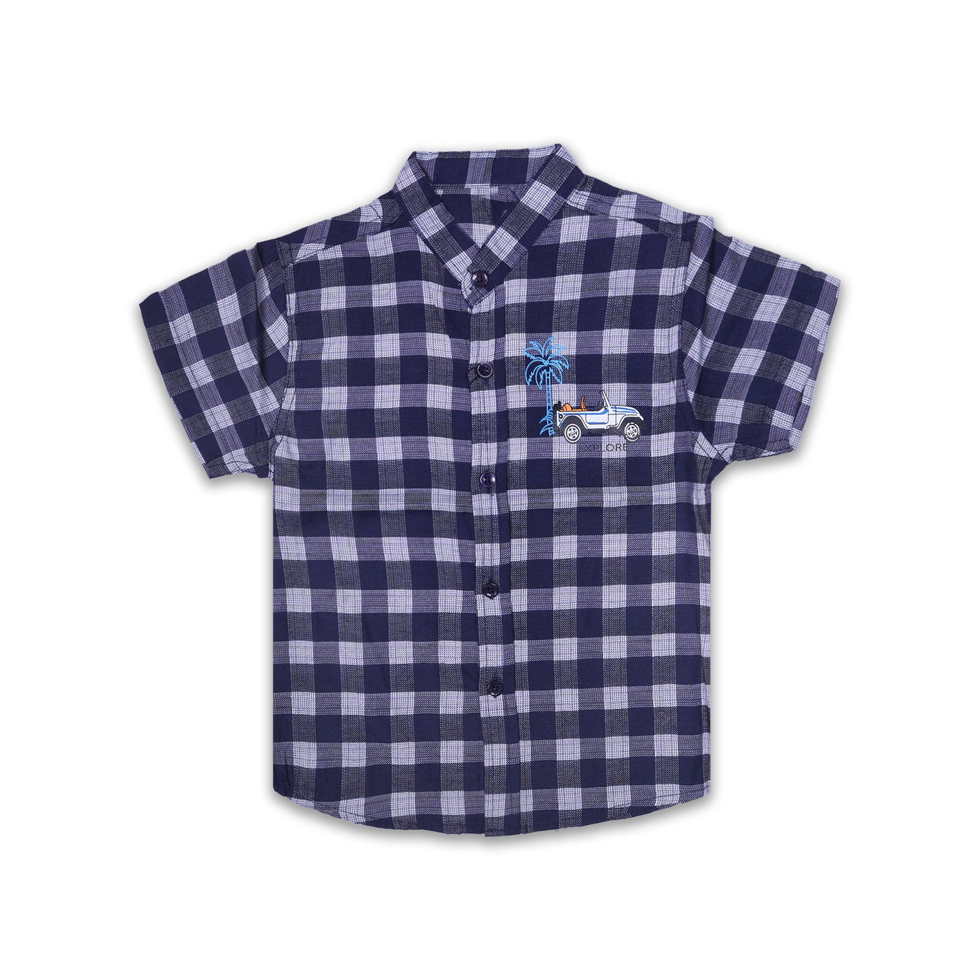 Boys' Navy and White Checkered Short Sleeve Shirt with Embroidered Truck