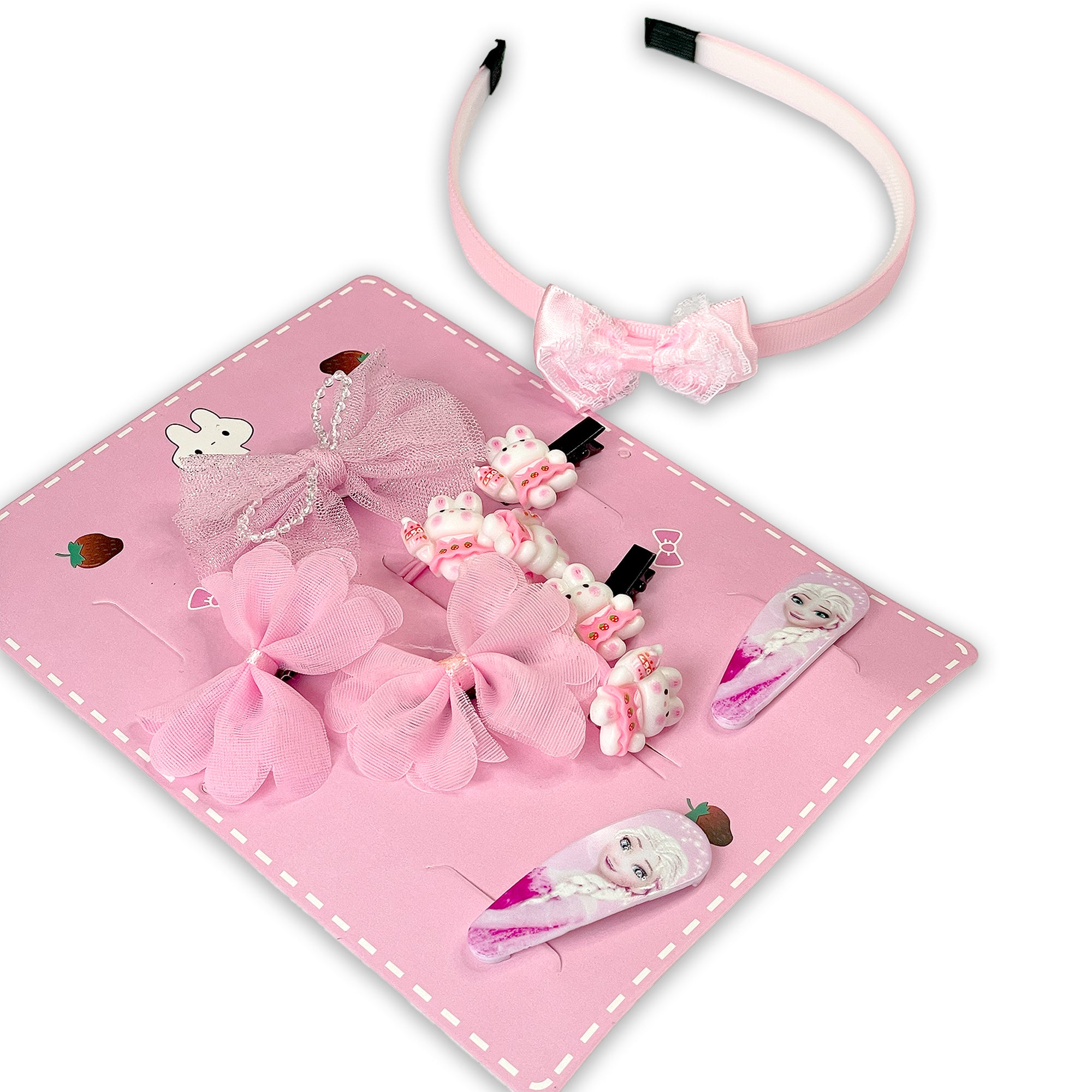 Pink Hair Accessory Set for Girls: Headband, Bow Clips, Bear Clips, & Character Snaps (7 Pieces)