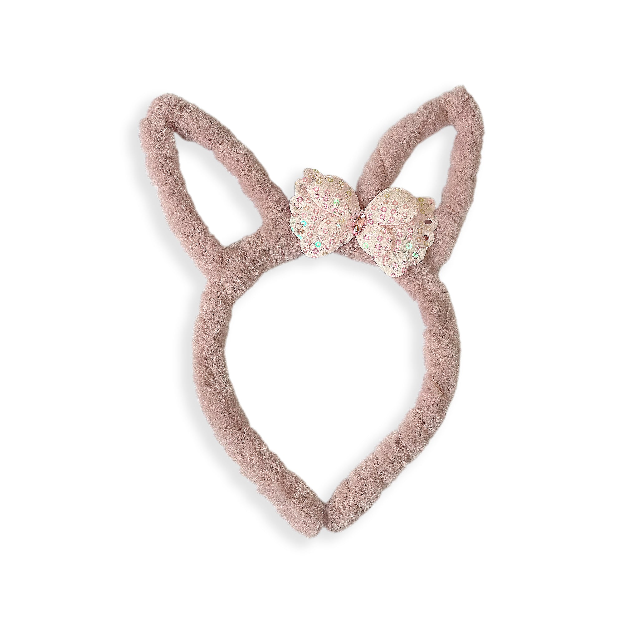 Plush Dusty Rose Bunny Ears Hairband with Floral Bow