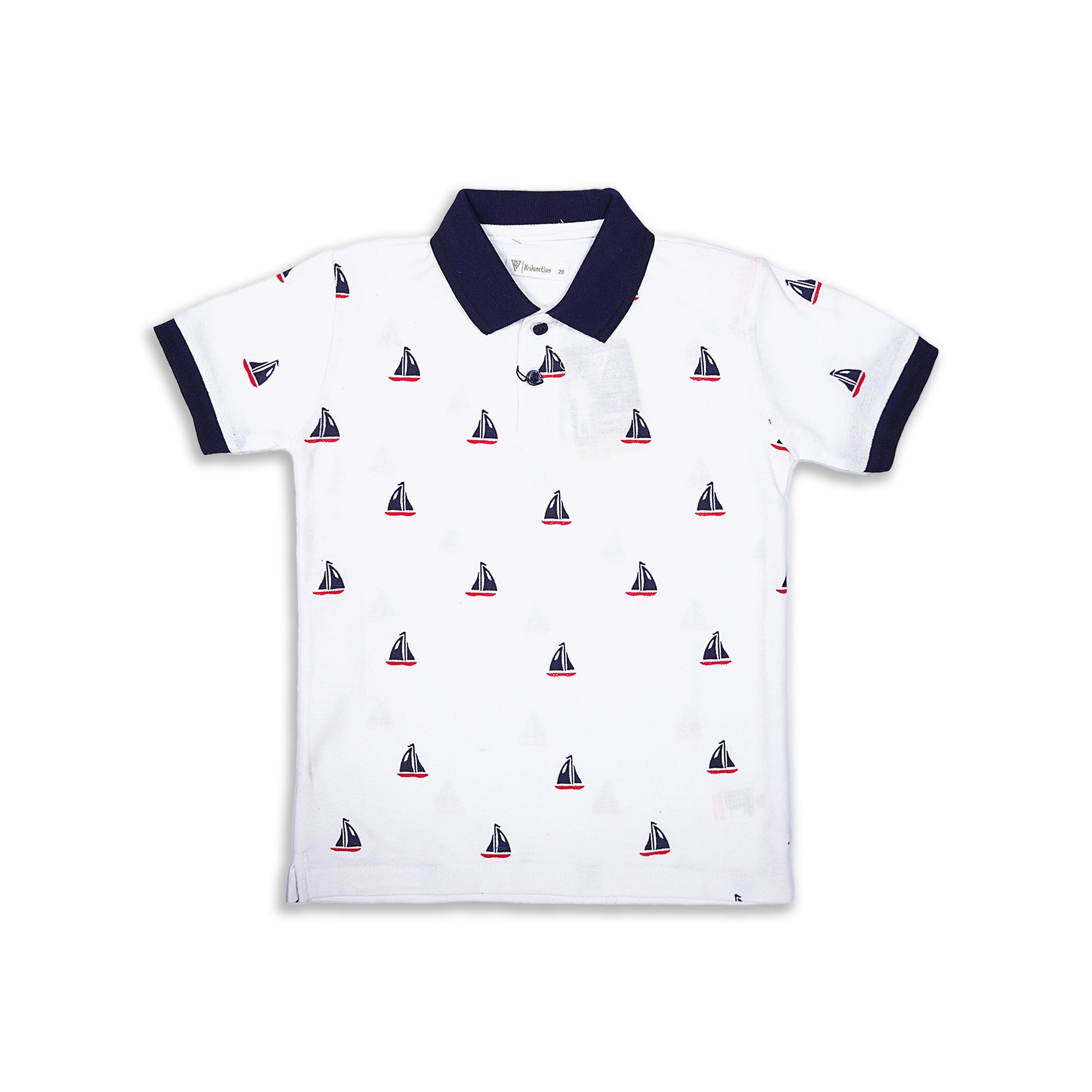 Kids' White Polo with Navy Sailboat Print & Collar