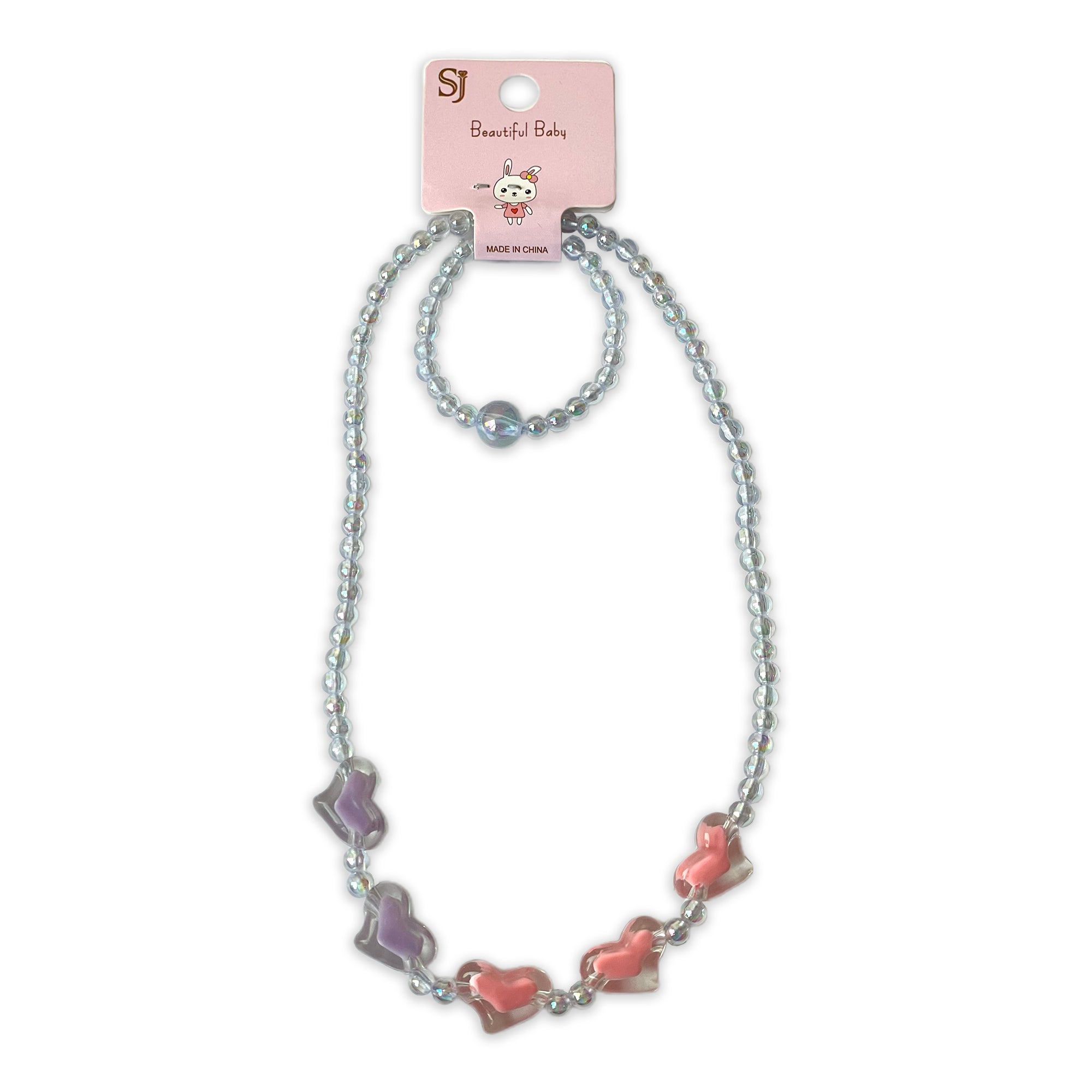 Children's Beaded Necklace and Bracelet Set with Colorful Hearts