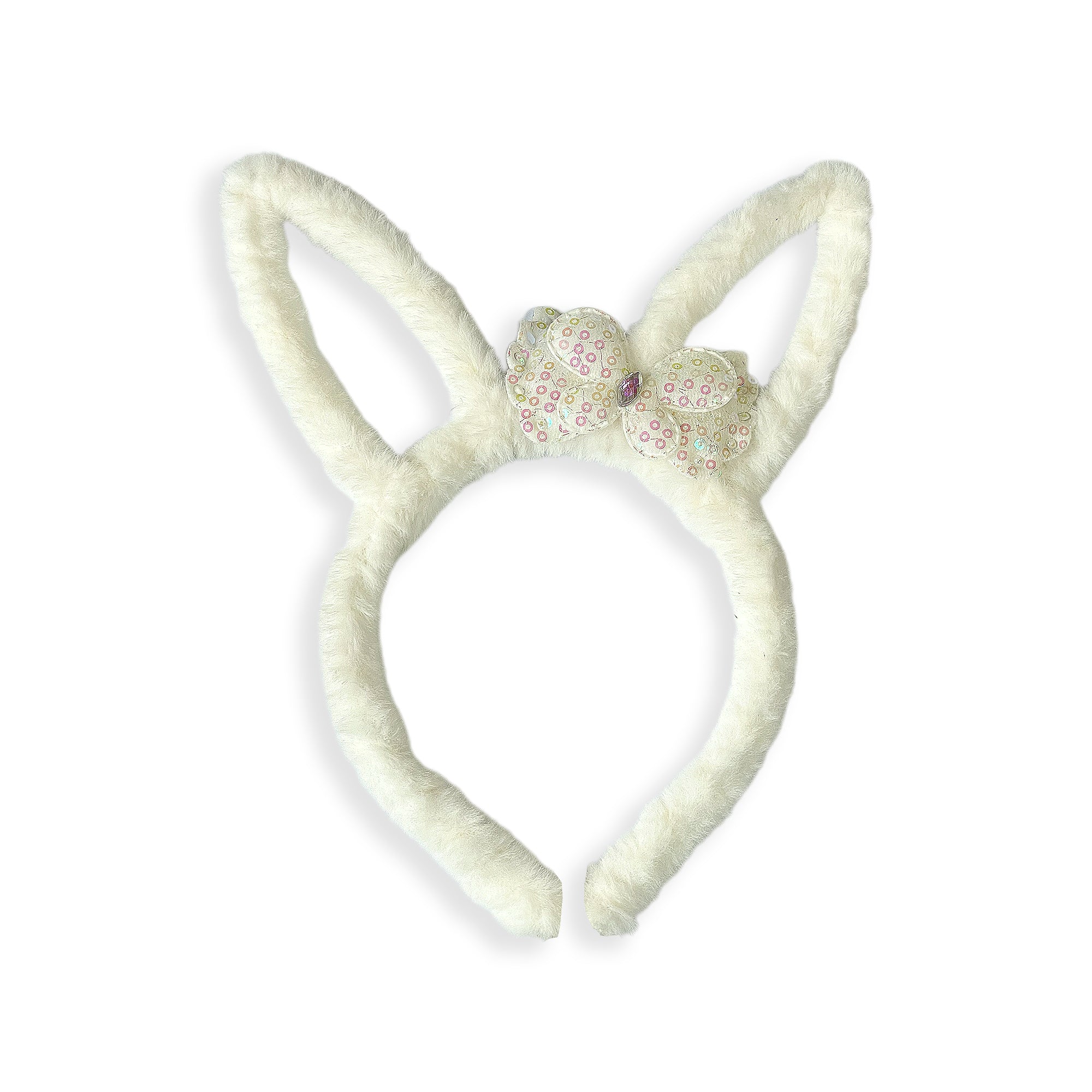 Plush White Bunny Ears Hairband with Floral Bow