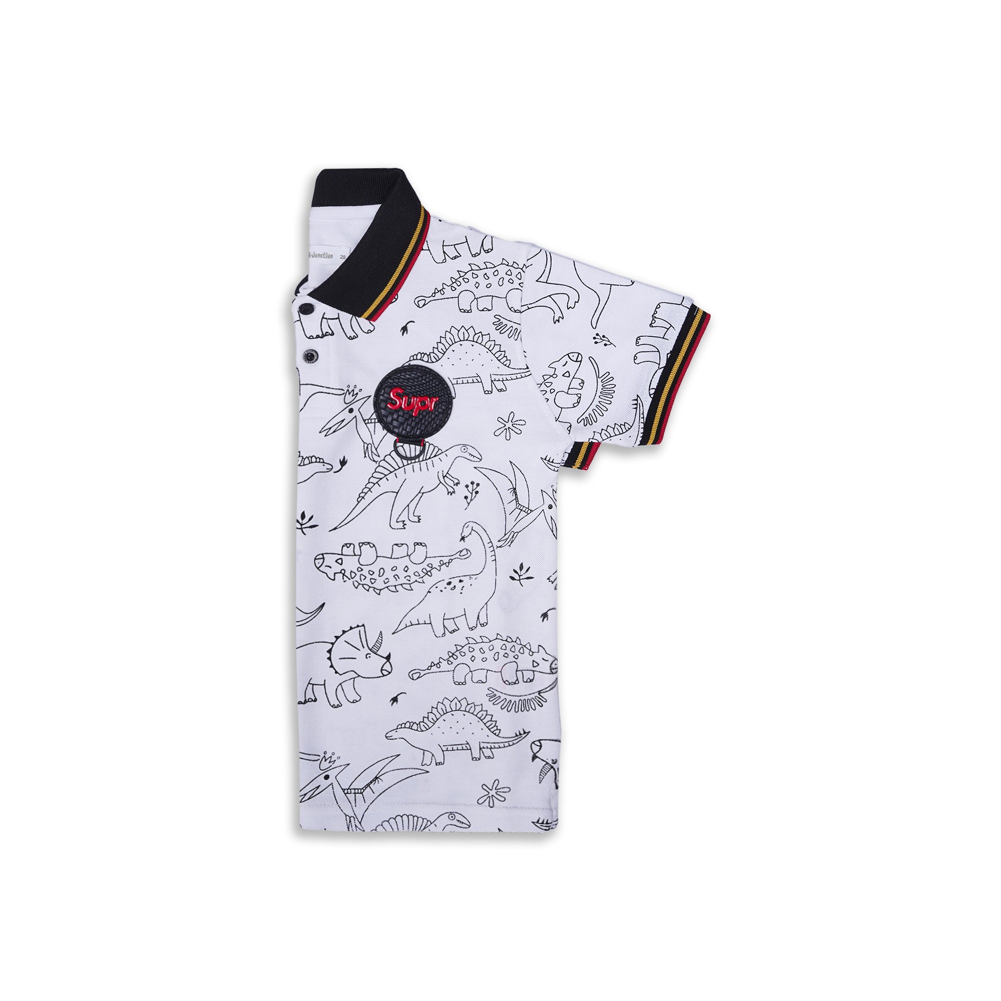 Status Quo Boys' White Dinosaur Outline Print Polo with Black Collar