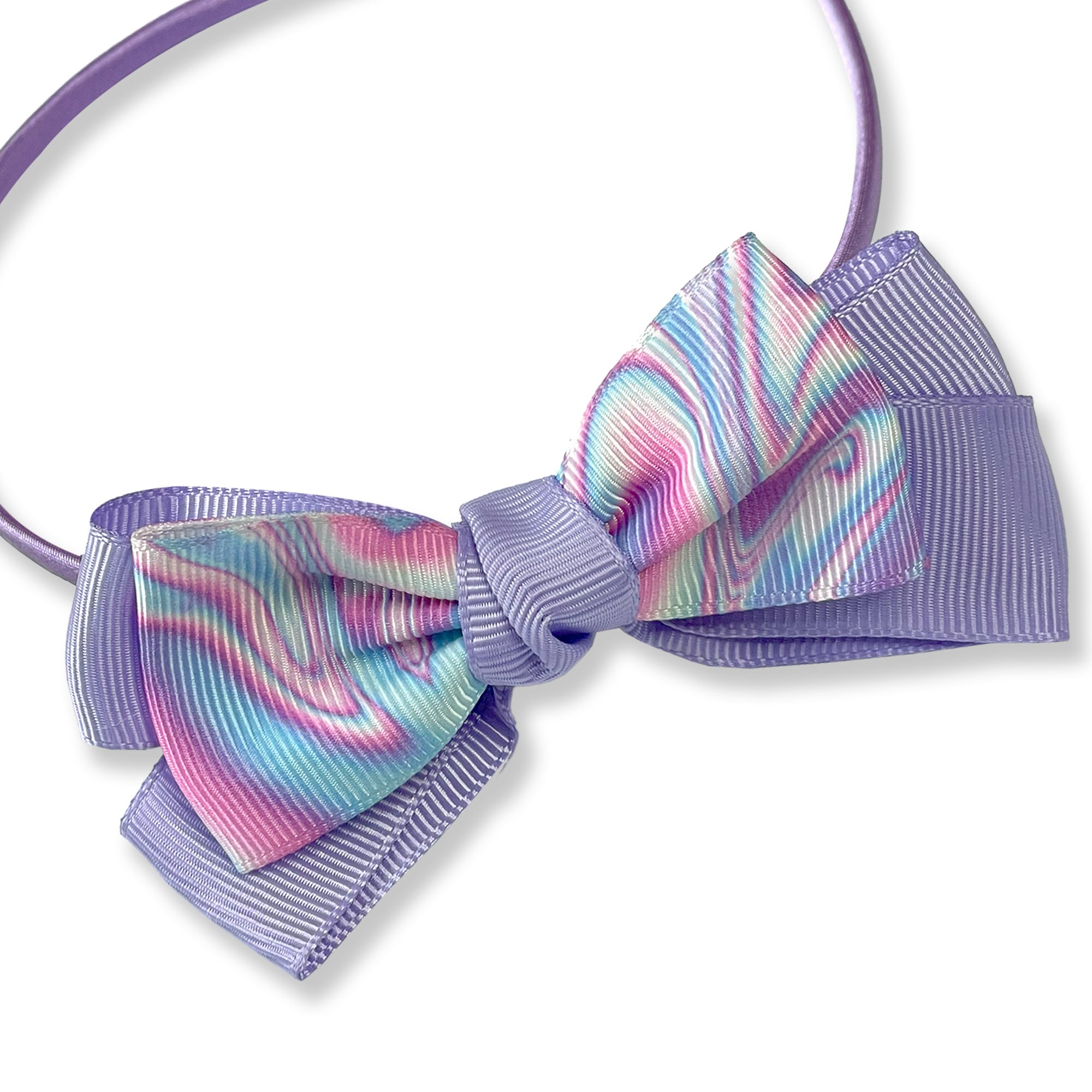 Lavender Hairband with Iridescent Swirl Ribbon Bow