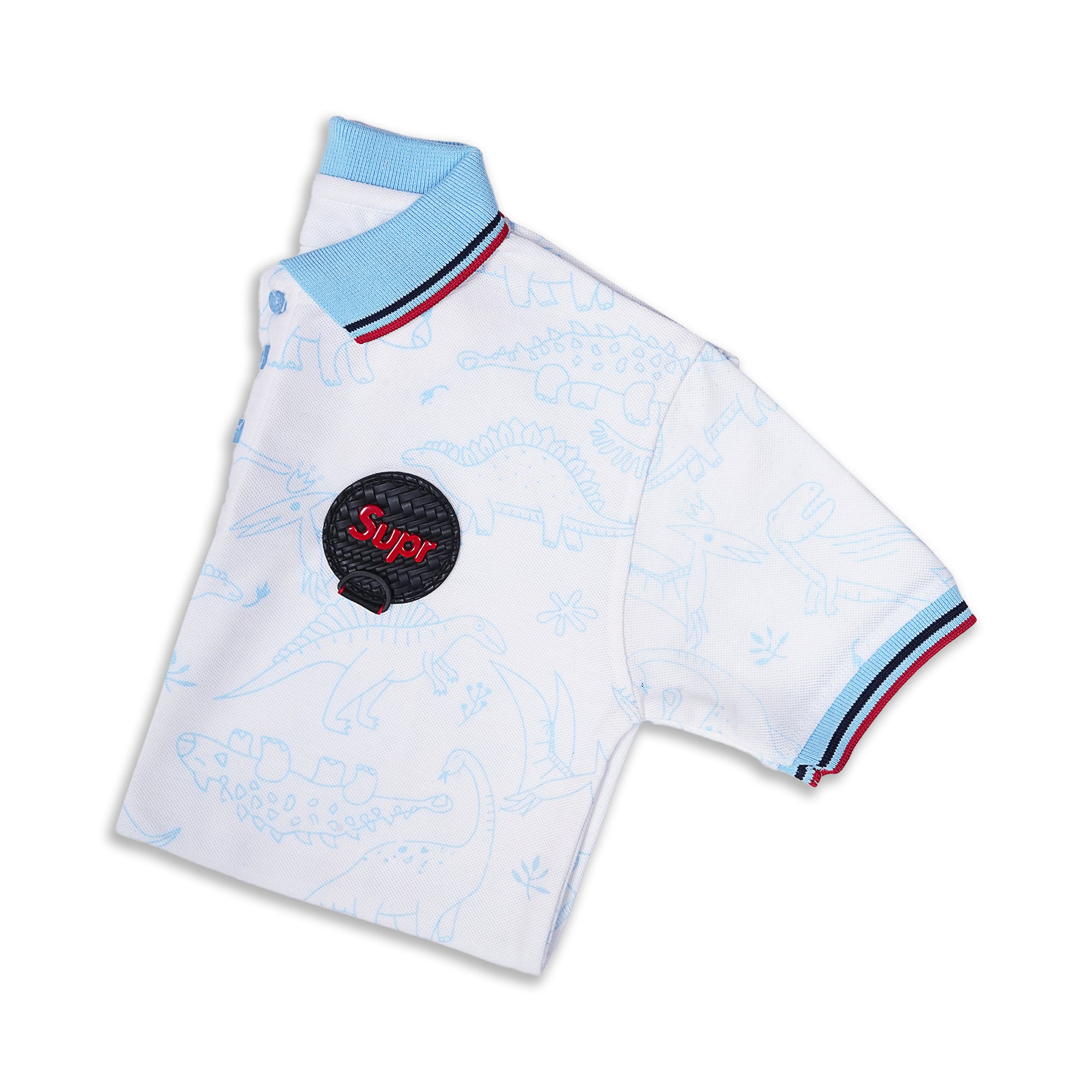 JuniorArm Boys' White Dinosaur Print Polo with Sky Blue Collar