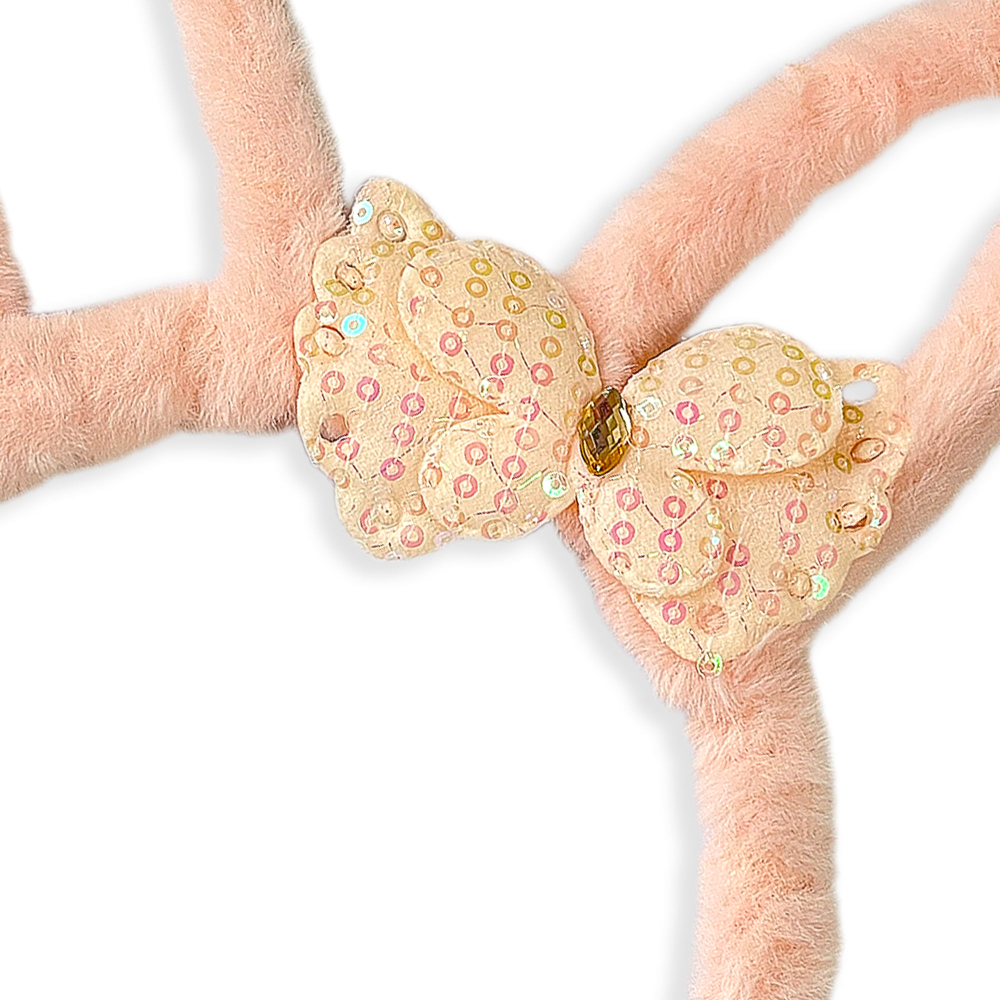 Plush Peach Bunny Ears Hairband with Floral Bow