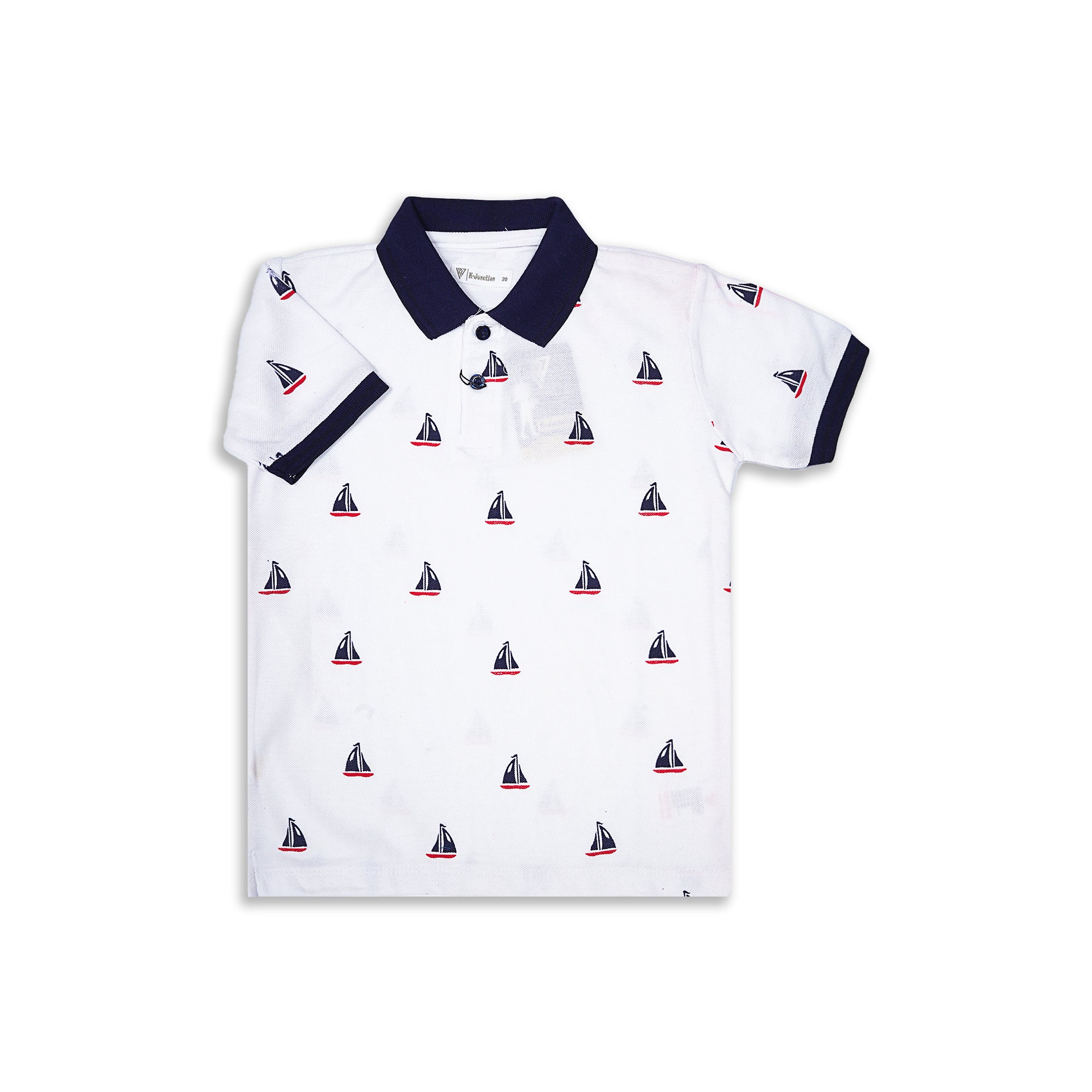 Kids' White Polo with Navy Sailboat Print & Collar