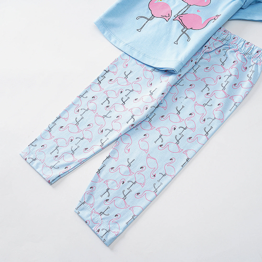 Flamingo Fun: Light Blue Pajama Set with Ruffled Sleeves
