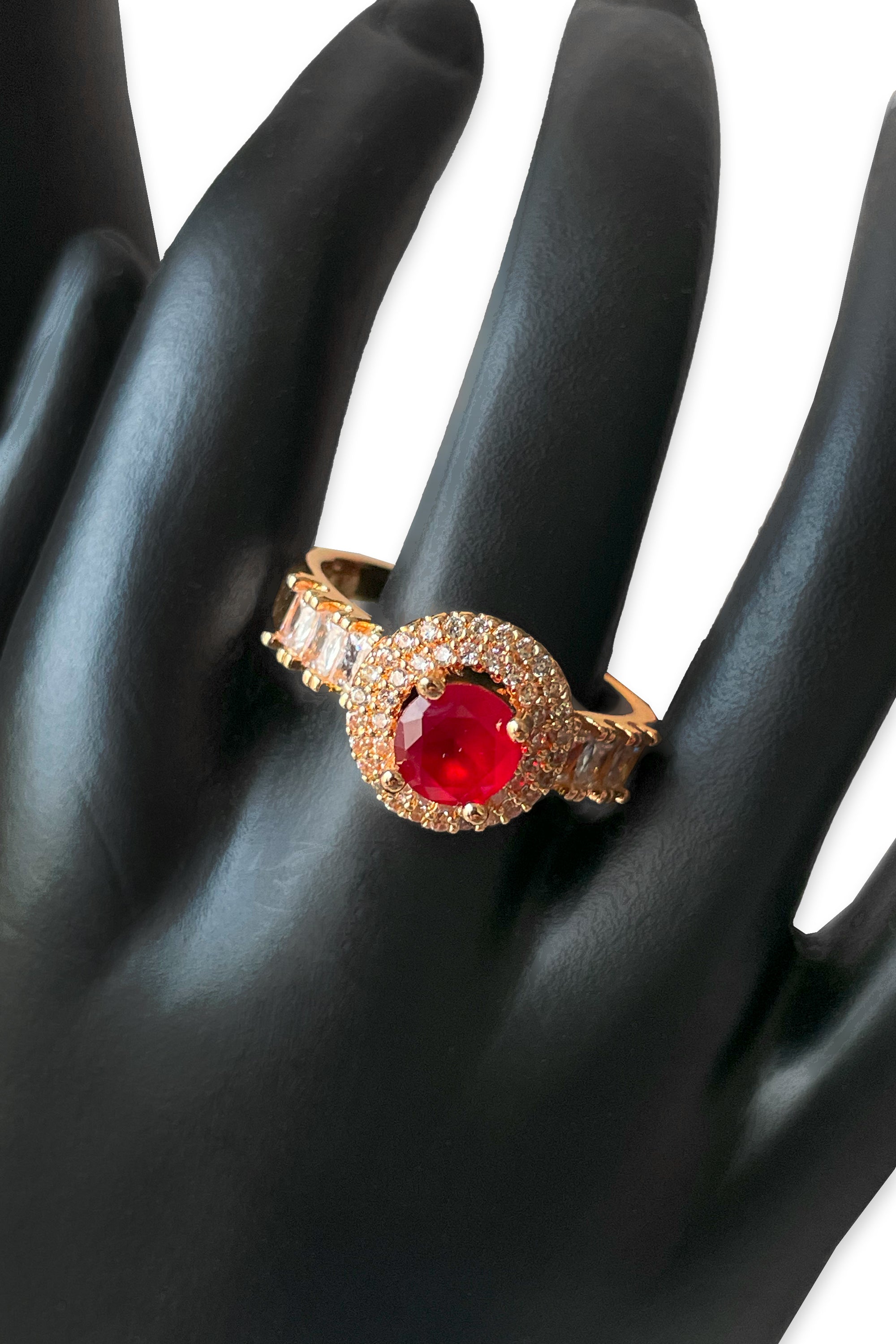 Gold-Tone Halo Ring with Ruby Center Stone & Crystal Accents