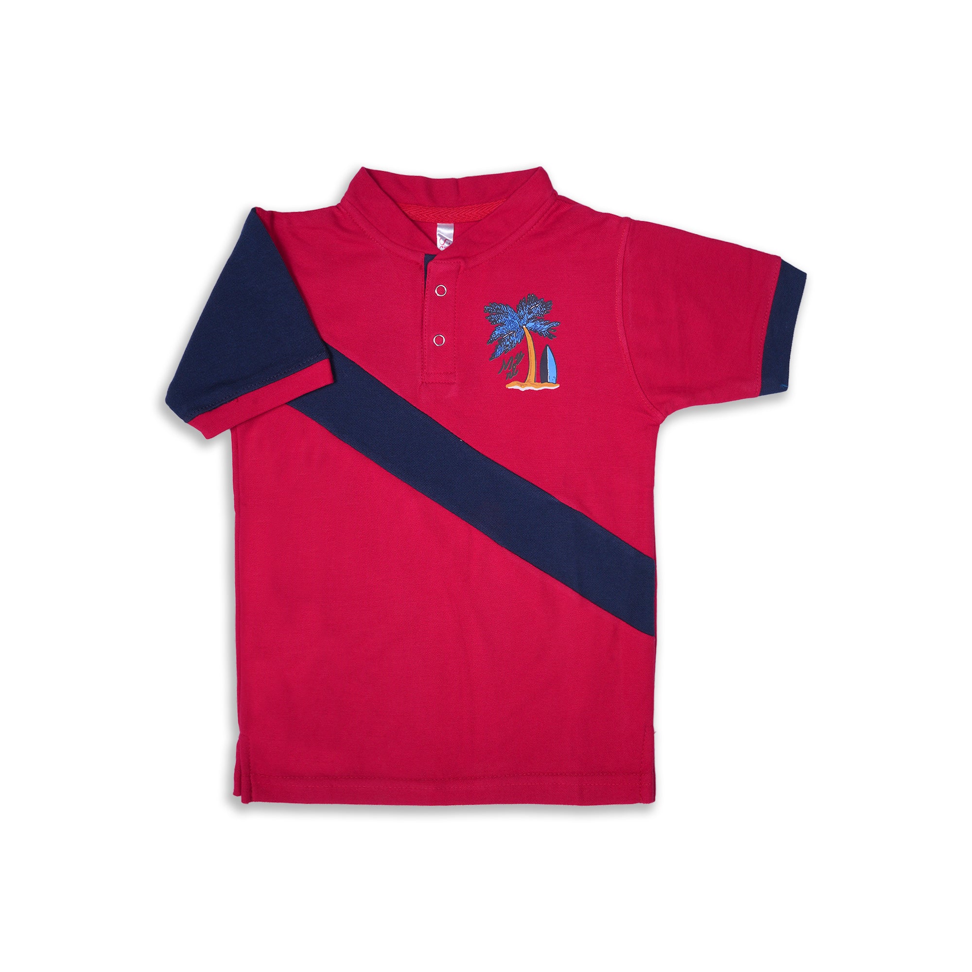 Kids' Red & Navy Color Block Polo with Palm Tree Graphic