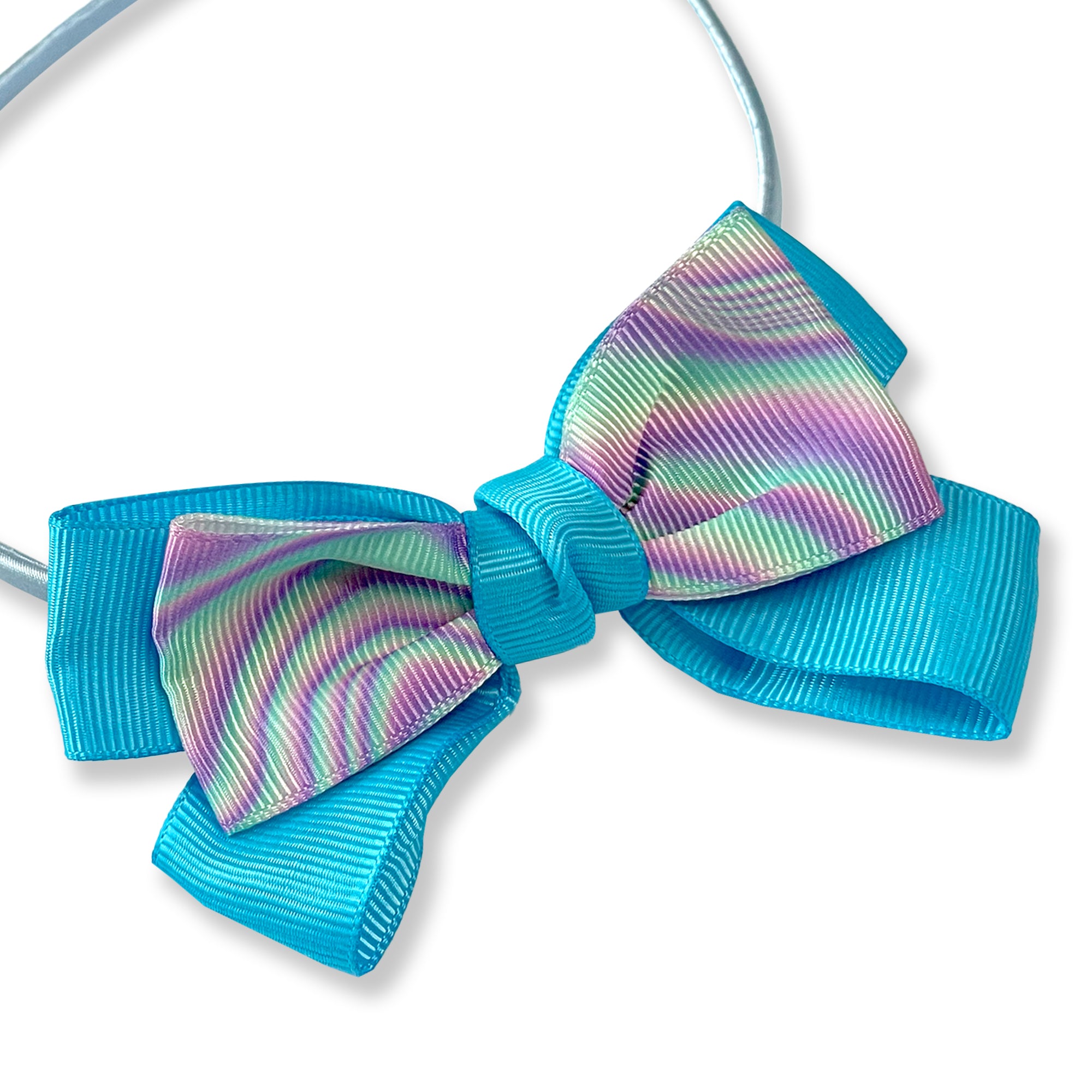 Light Blue Hairband with Iridescent Stripe Ribbon Bow