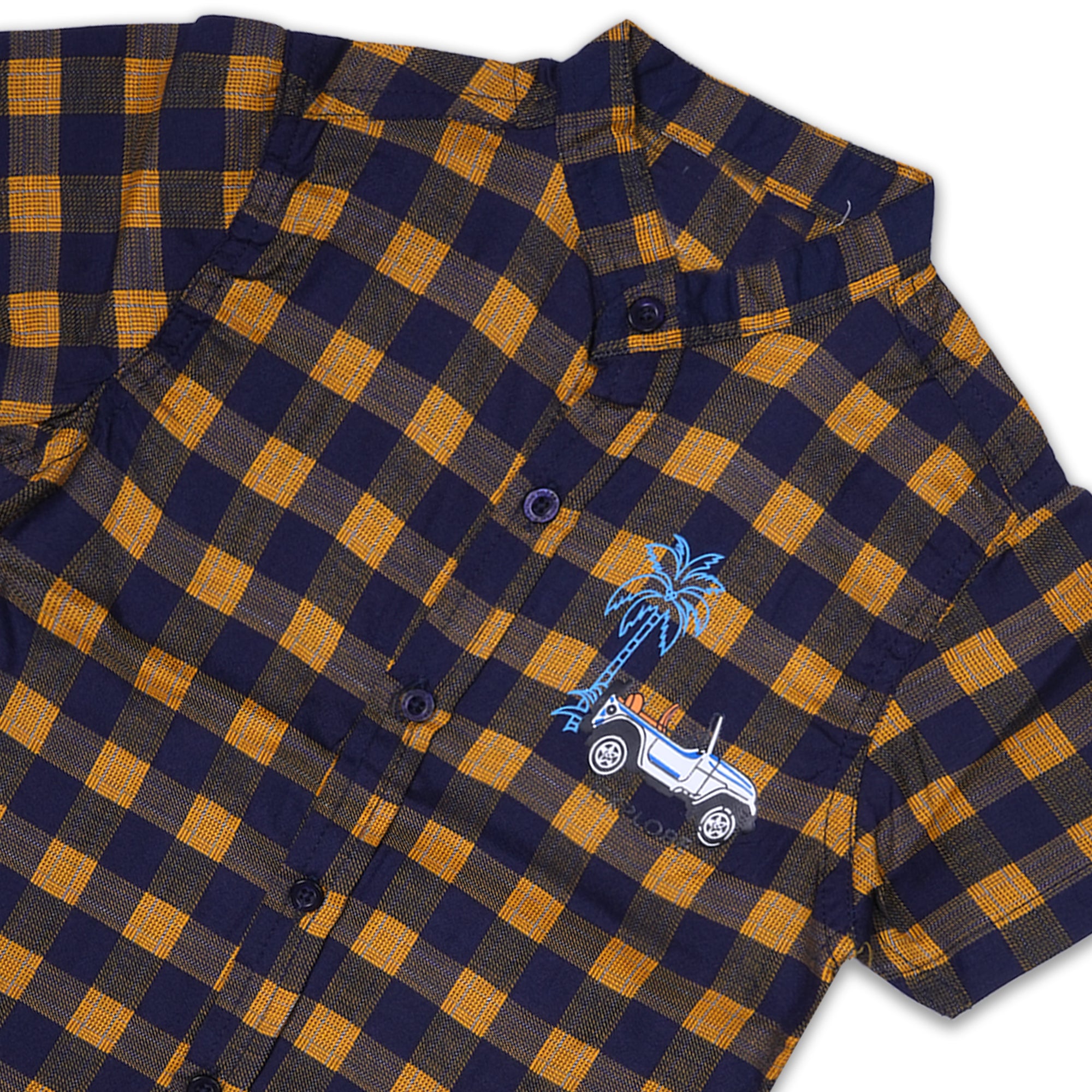 Boys' Mustard and Navy Checkered Short Sleeve Shirt with Embroidered Truck