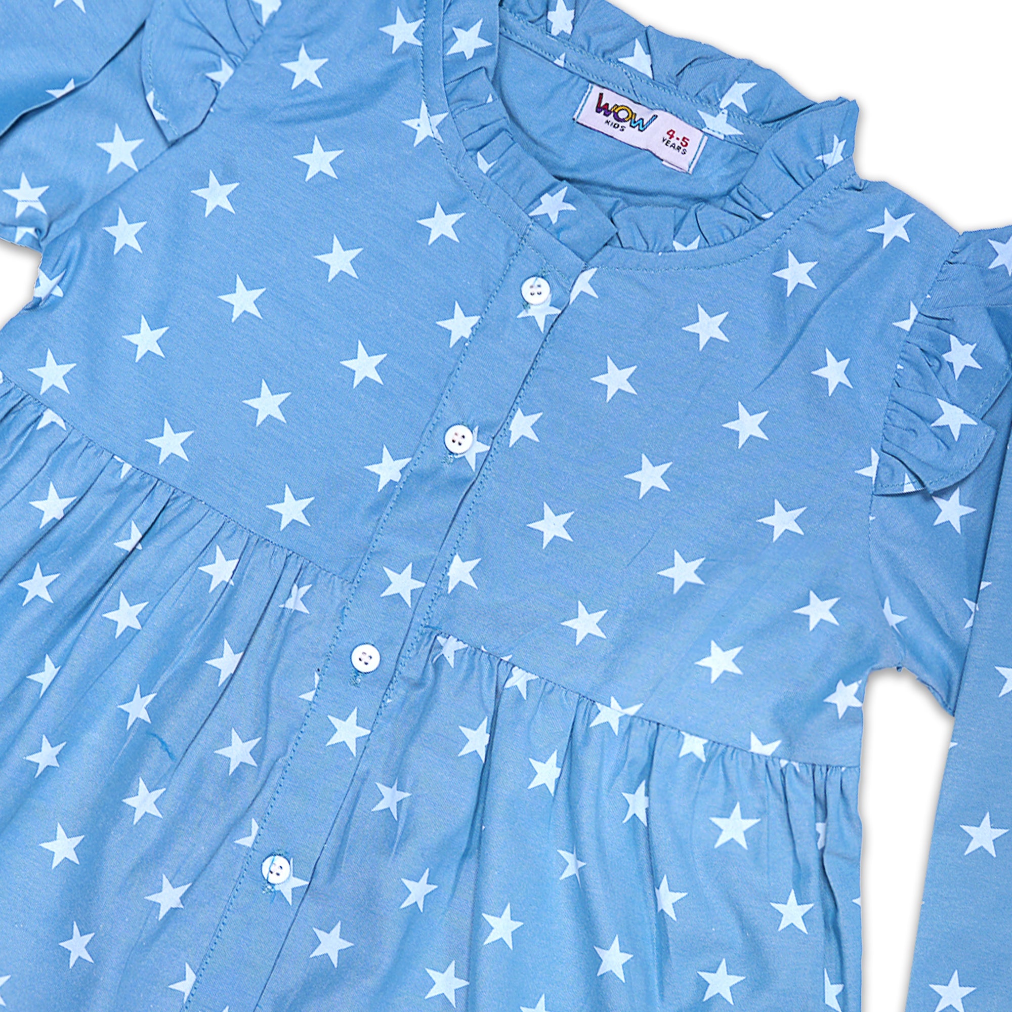 WOW Girls' Light Blue Star Print Blouse with Ruffled Sleeves