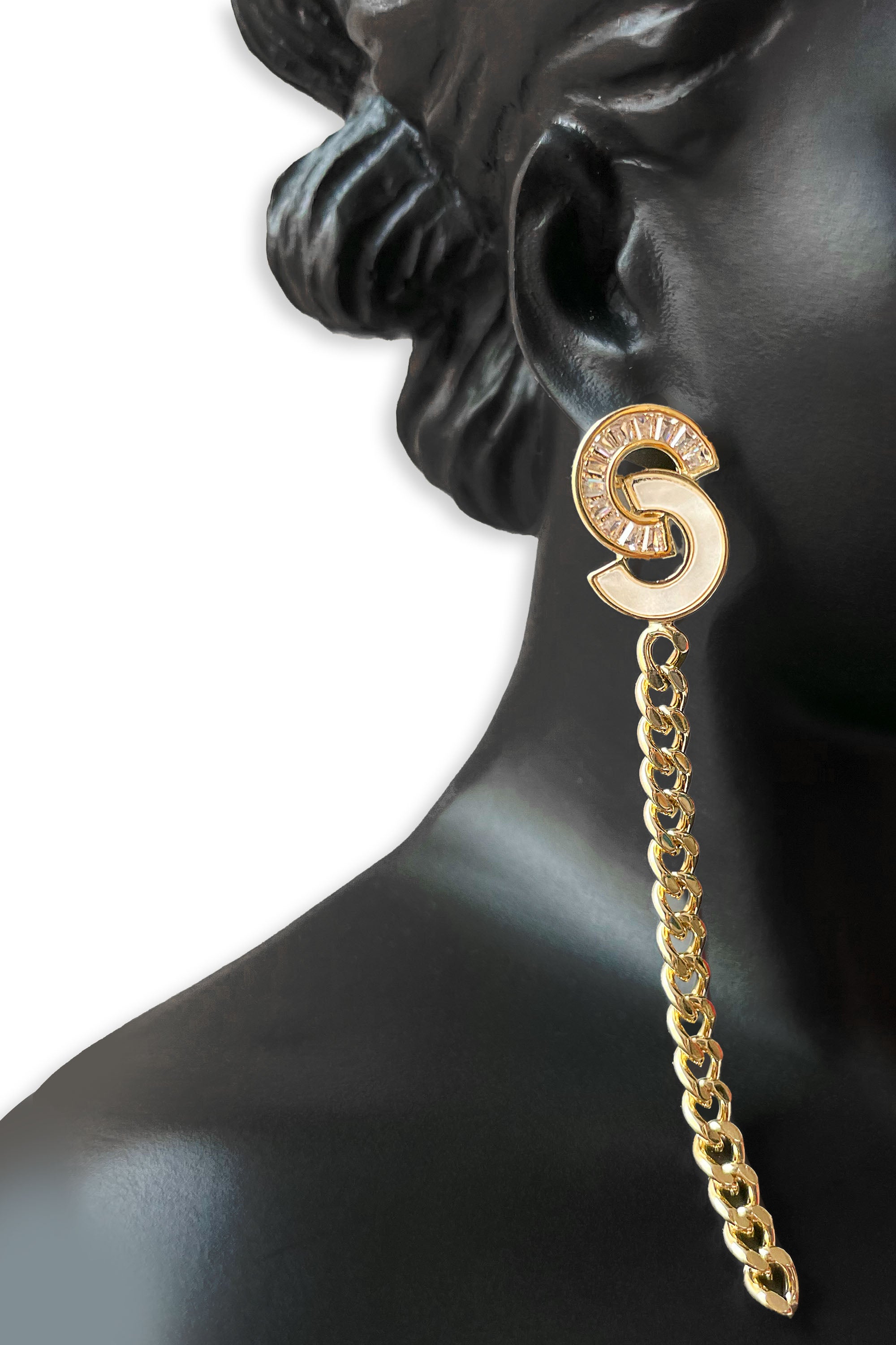 Gold "S" Logo Chain Drop Earrings with Crystal Accents