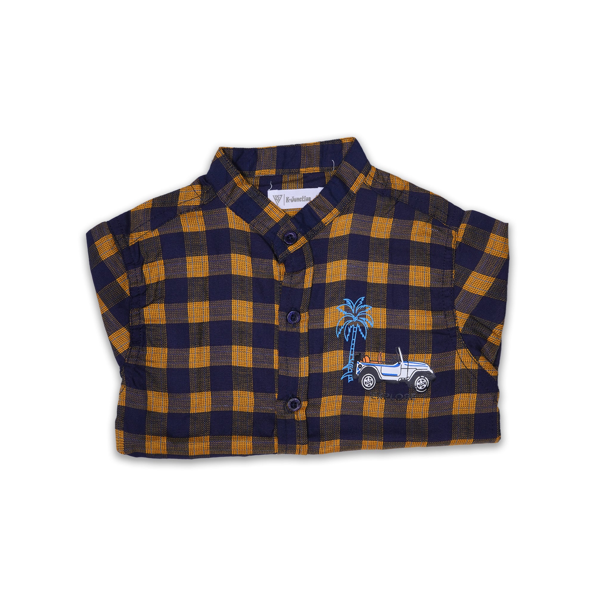 Boys' Mustard and Navy Checkered Short Sleeve Shirt with Embroidered Truck