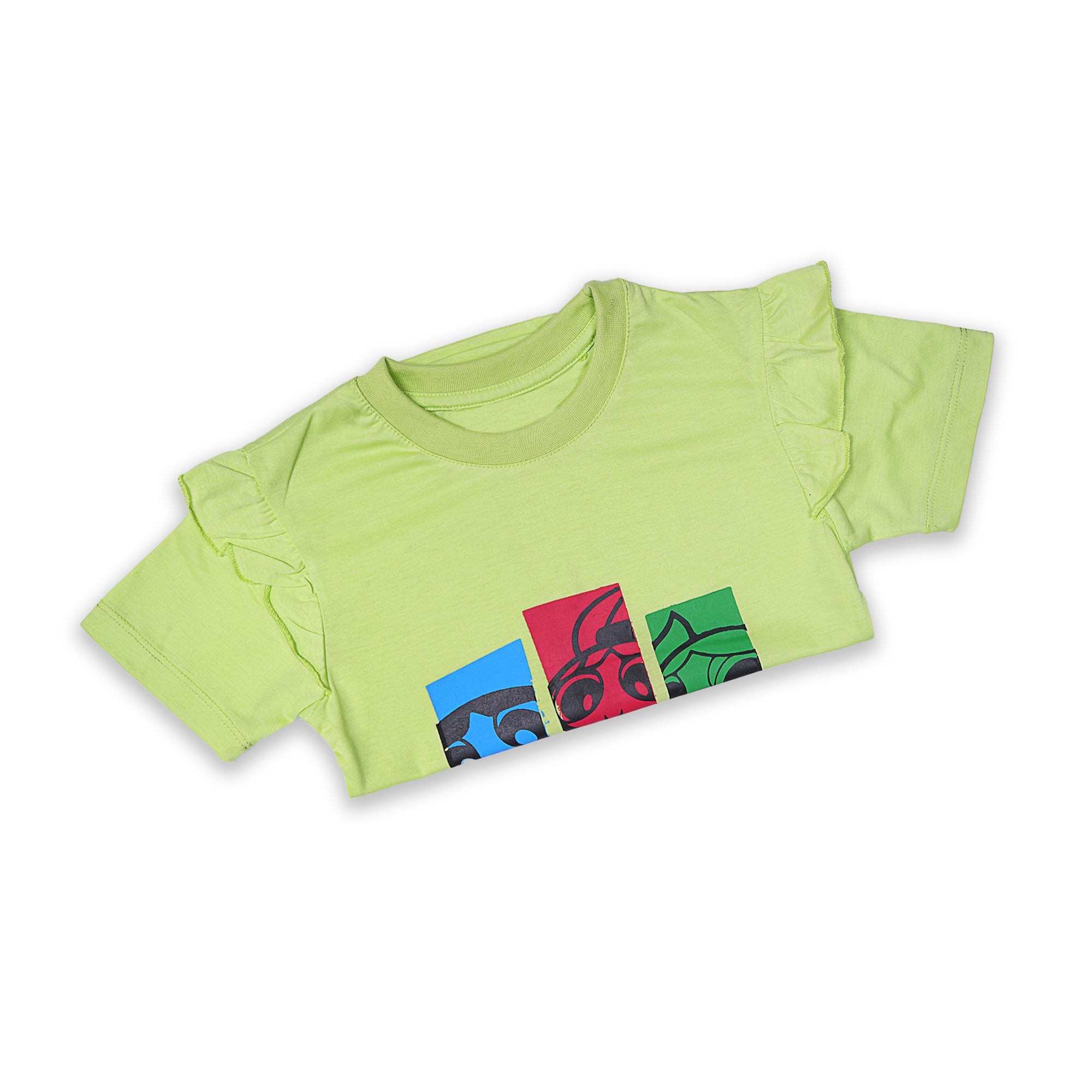 Powerpuff Girls Girls' Light Green Graphic T-Shirt with Ruffled Sleeves