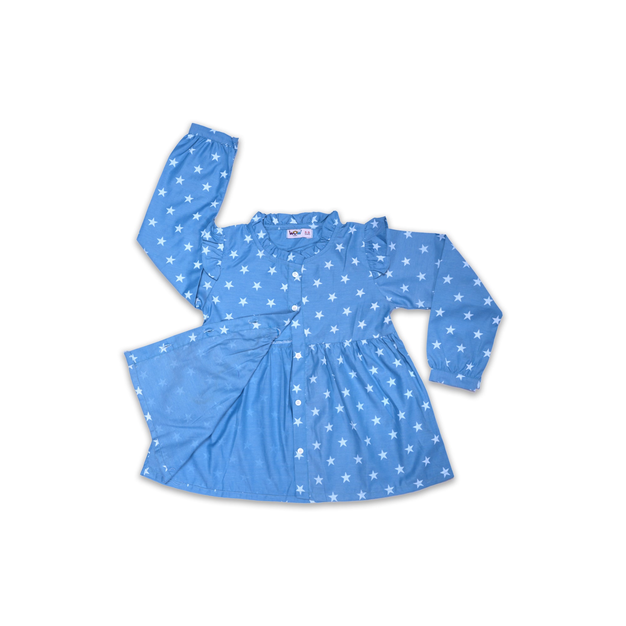 WOW Girls' Light Blue Star Print Blouse with Ruffled Sleeves
