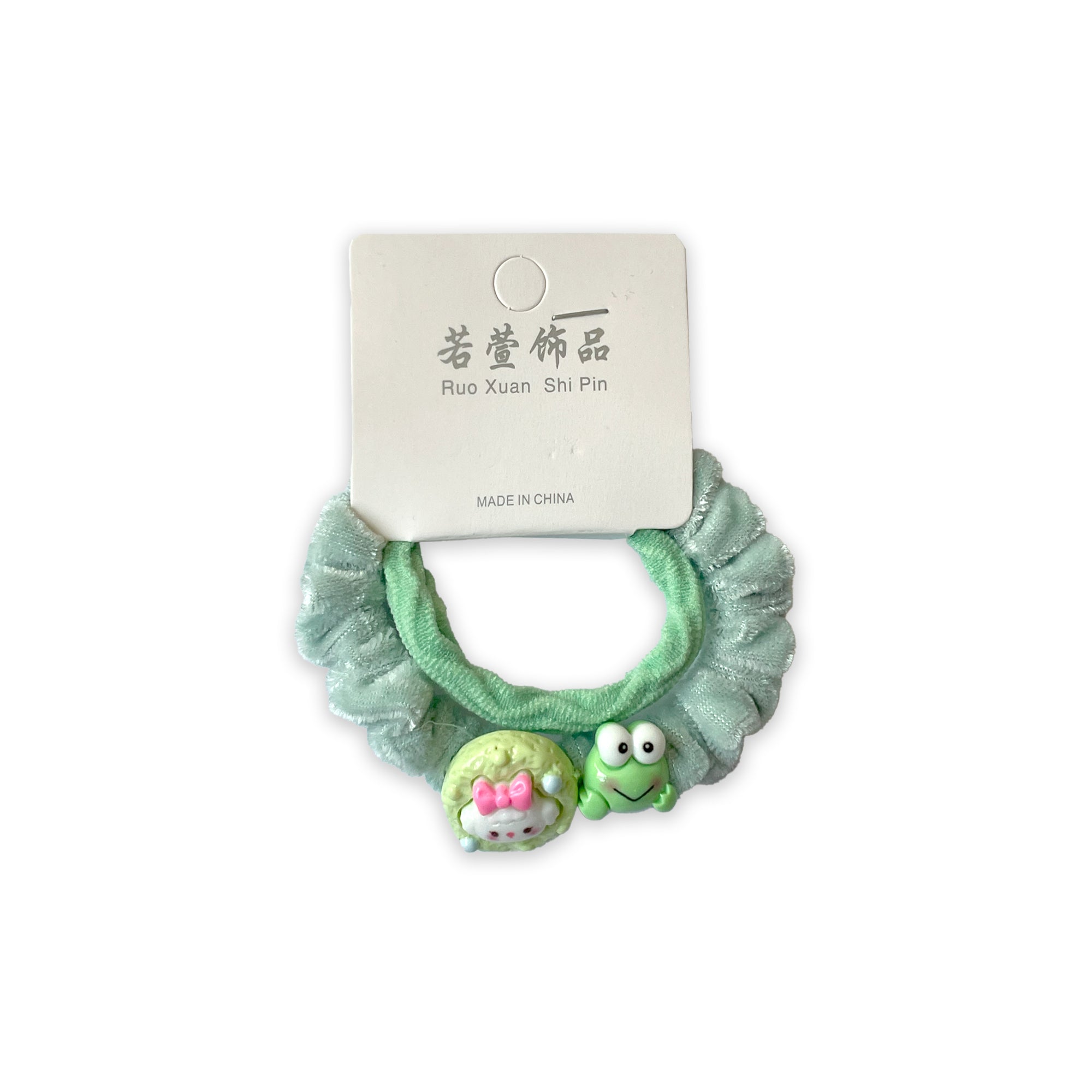 Mint Green Ruffled Fabric Hair Scrunchie with Cute Charms