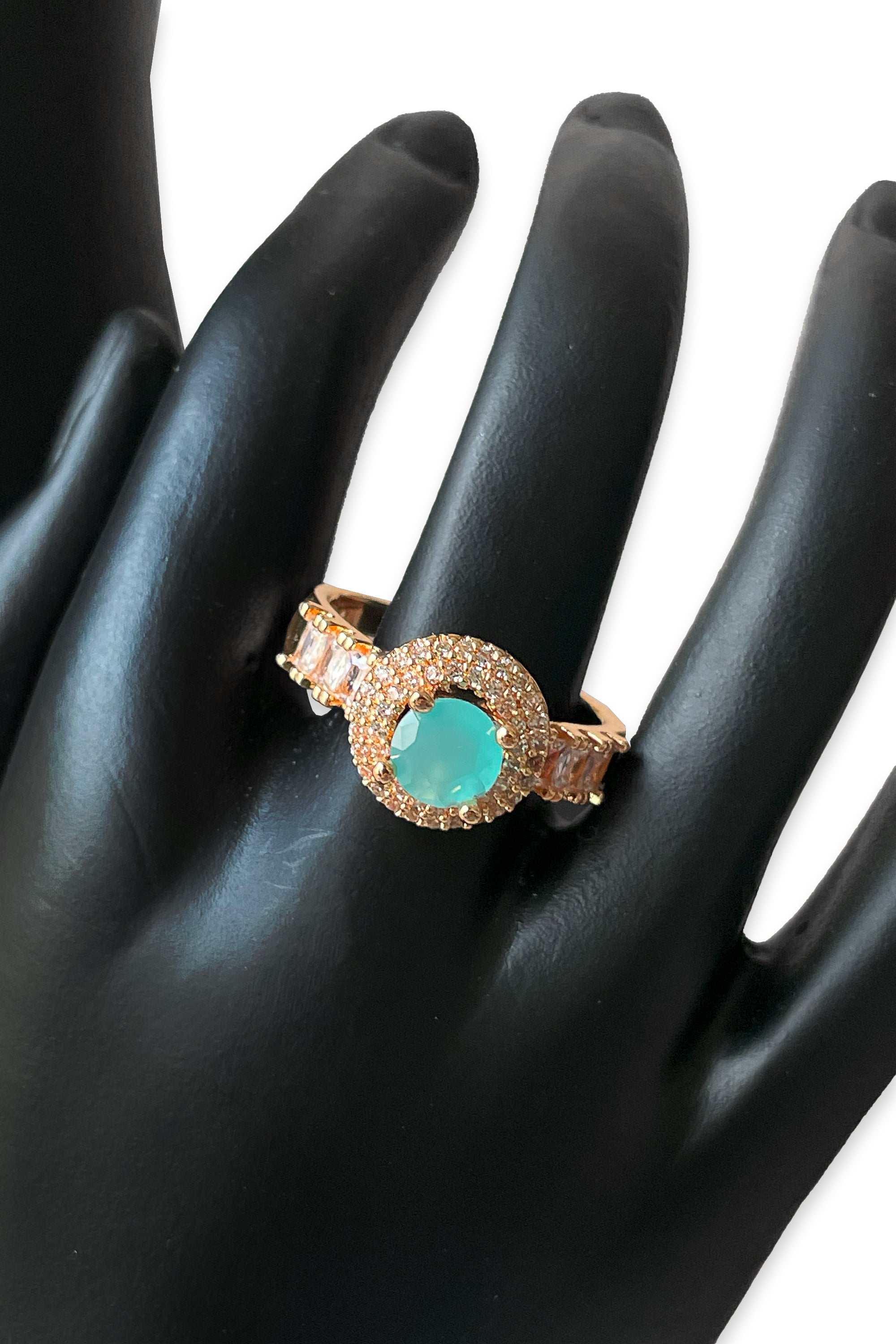 Rose Gold-Tone Halo Ring with Teal Center Stone & Crystal Accents