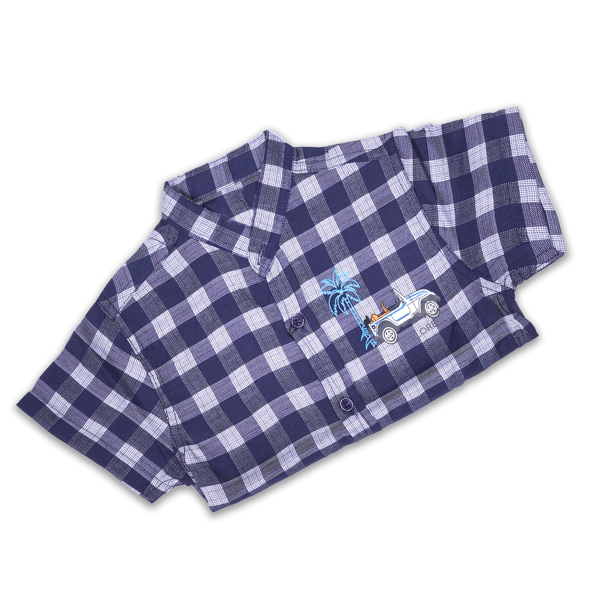 Boys' Navy and White Checkered Short Sleeve Shirt with Embroidered Truck