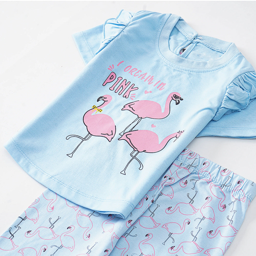 Flamingo Fun: Light Blue Pajama Set with Ruffled Sleeves