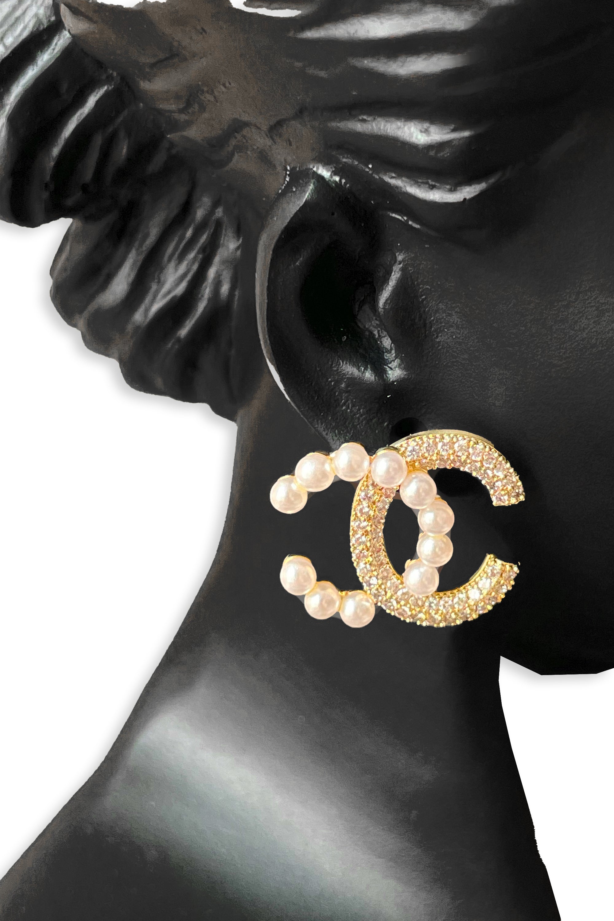 Pearl & Crystal "CC" Logo Statement Earrings