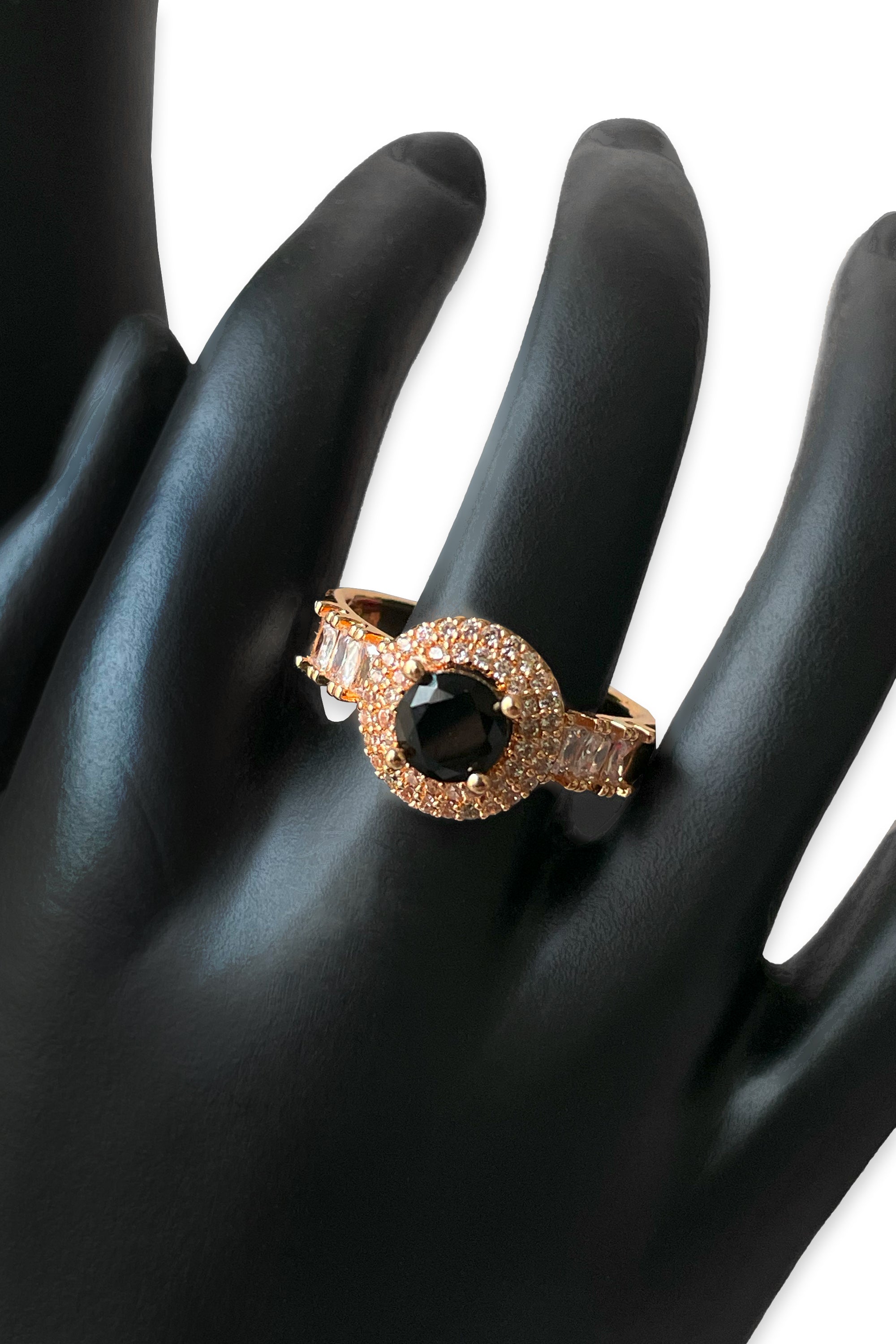 Rose Gold-Tone Halo Ring with Deep Gray Center Stone & Crystal Accents