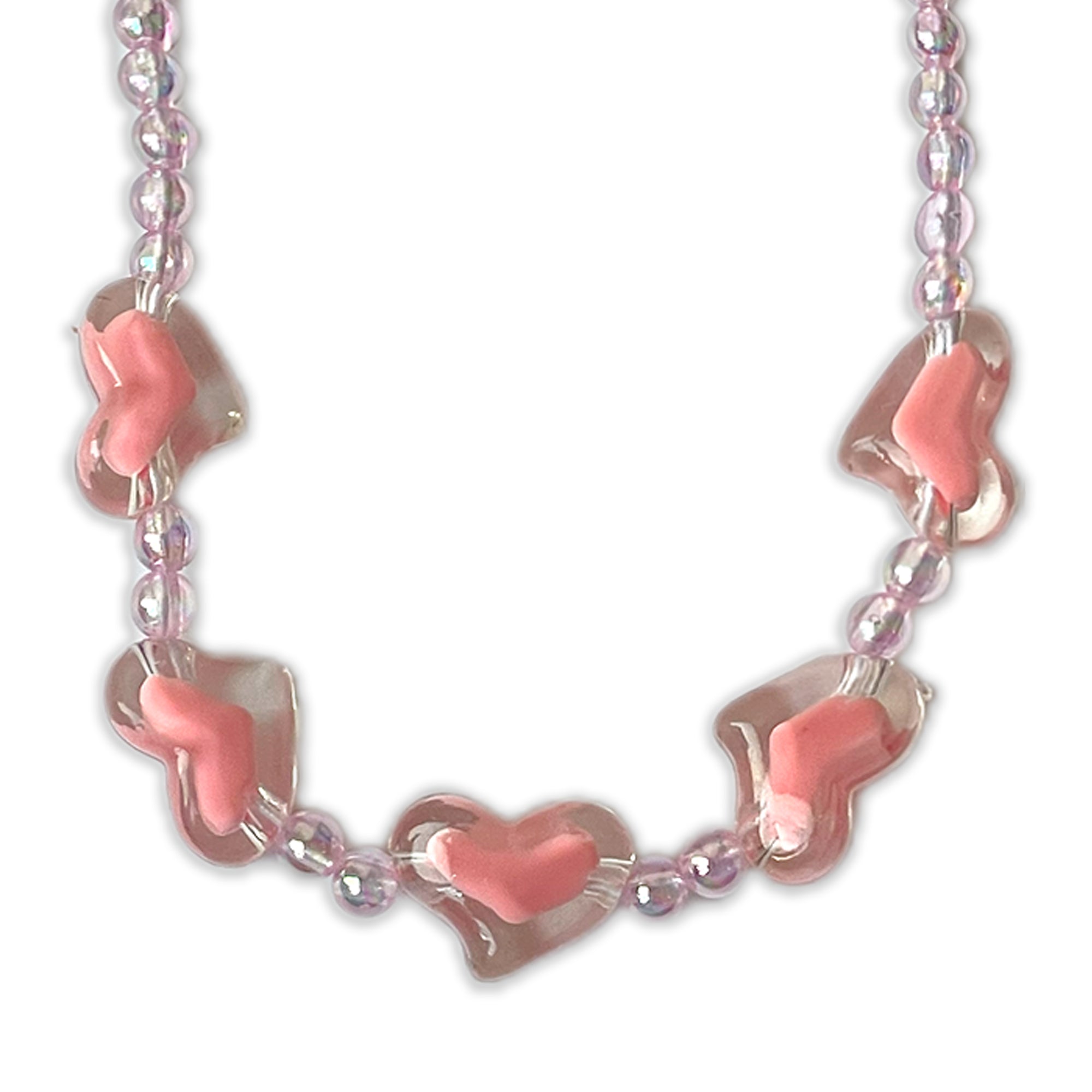 Children's Pink Beaded Necklace and Bracelet Set with Heart Charms