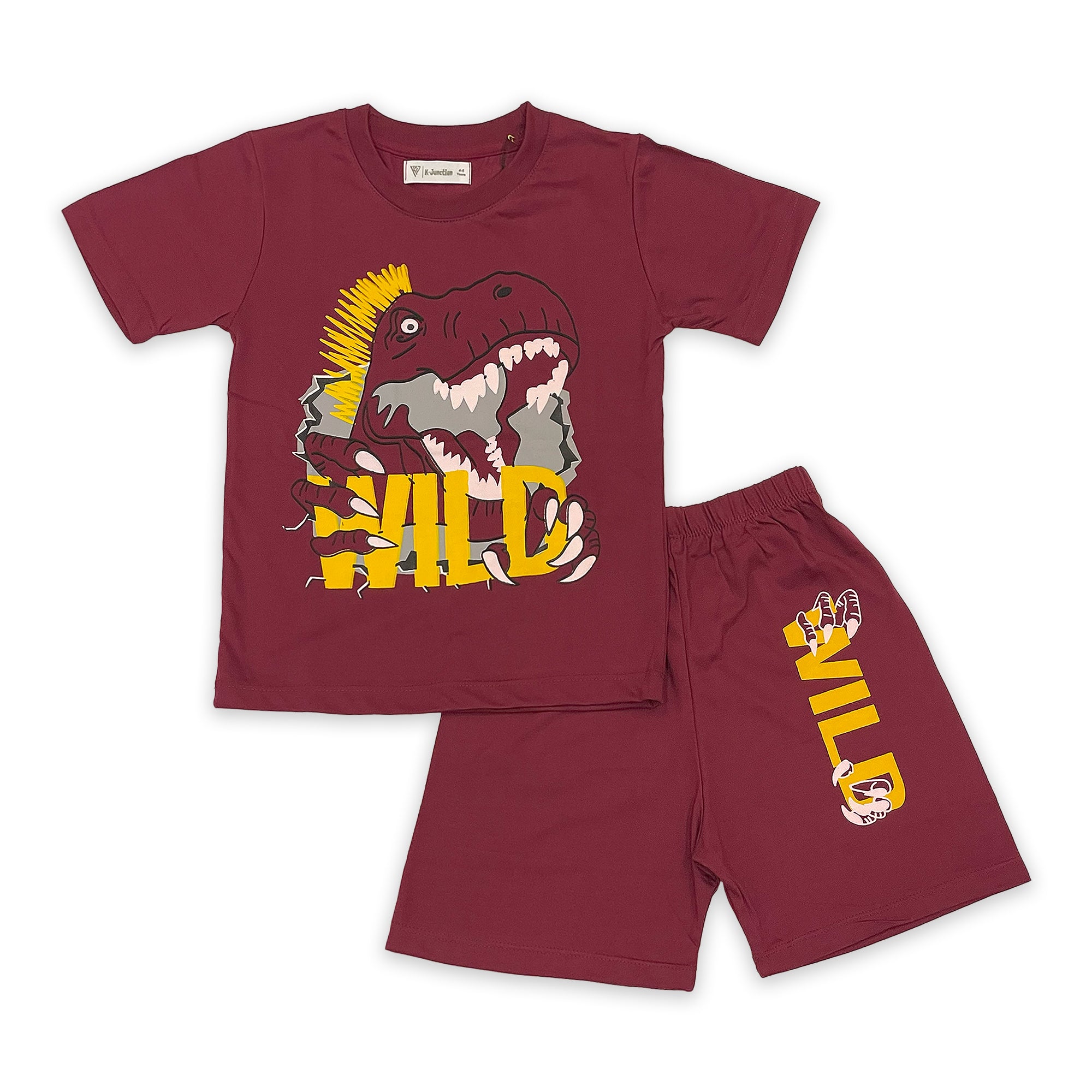 Boys' Maroon "Wild Dinosaur" T-Shirt and Shorts Set