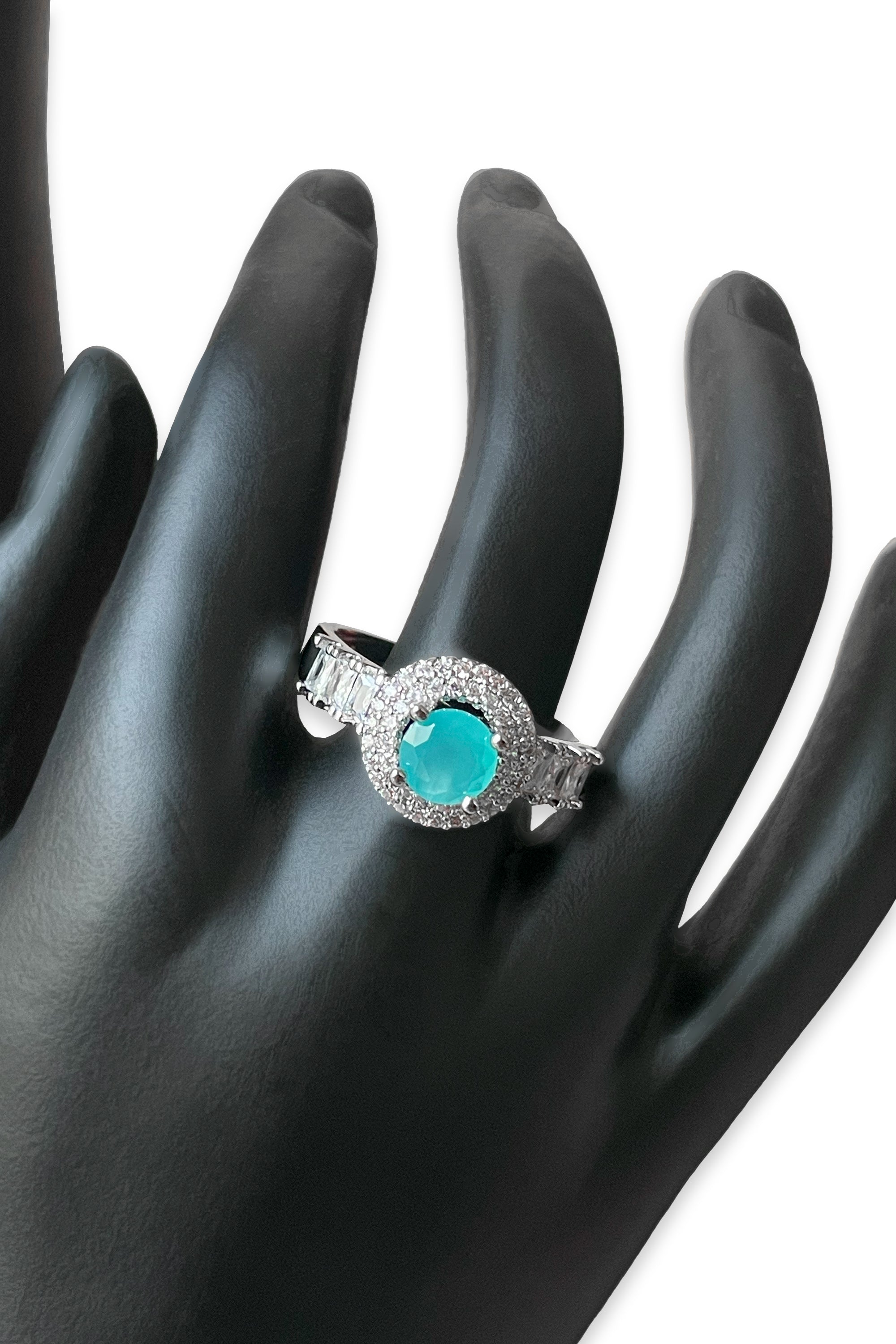 Silver-Tone Halo Ring with Teal Center Stone & Crystal Accents