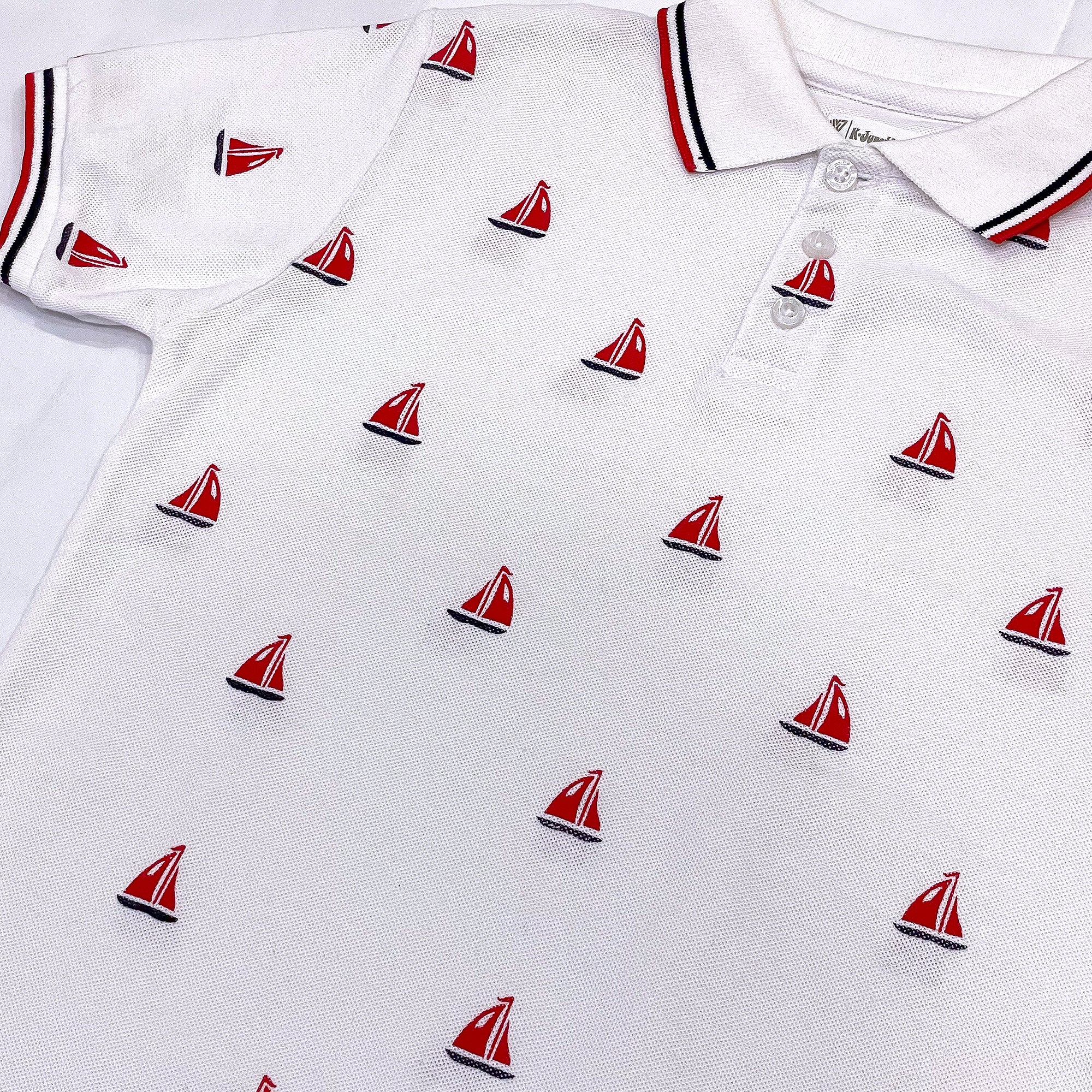 Boys' White Polo Shirt with Sailboat Print