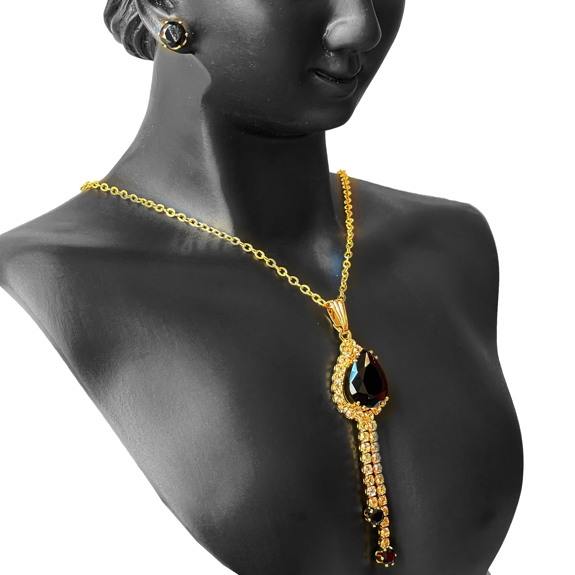 Earring and Necklace Midnight black Elegance - Garnet Crystal Cascade Jewelry Set