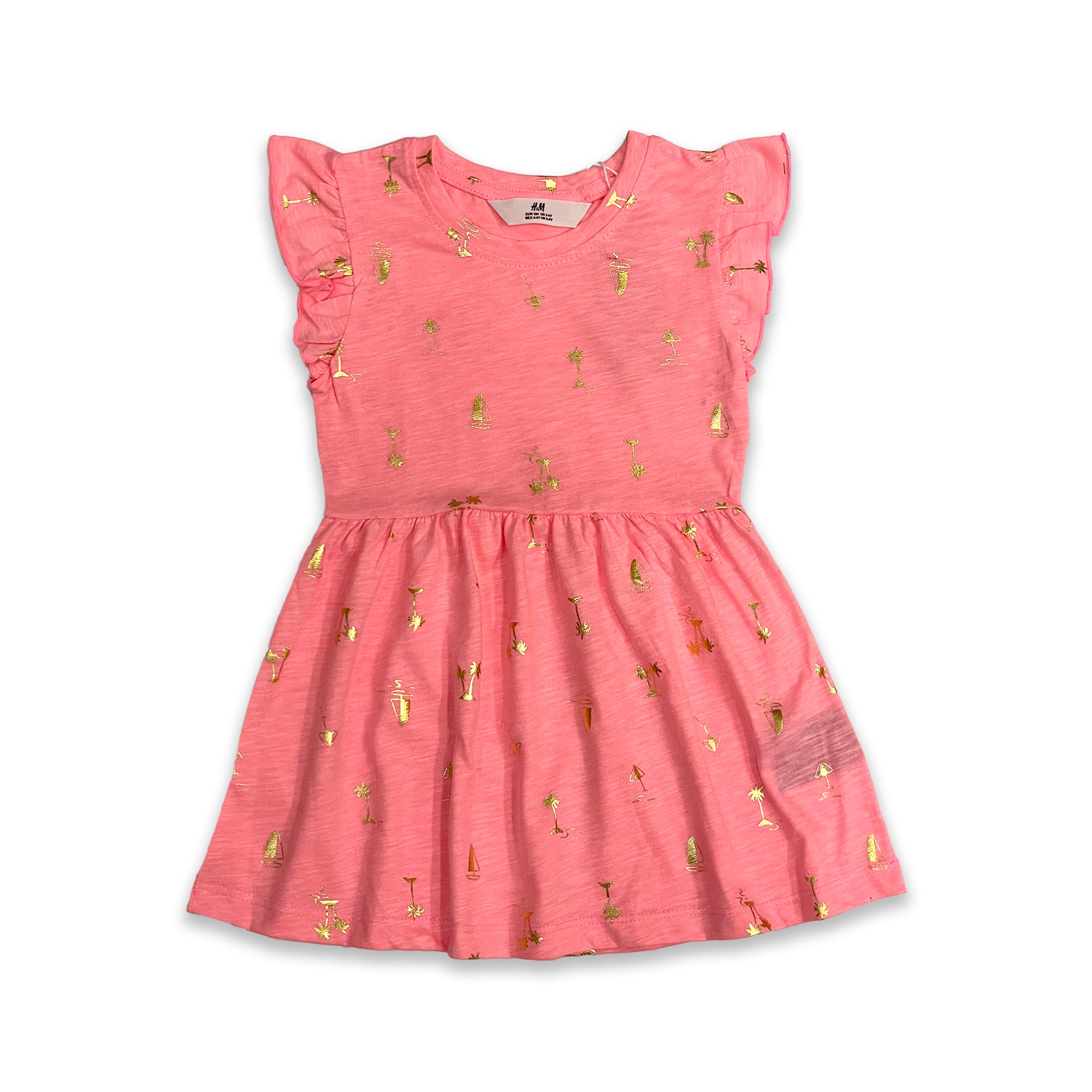 Girls' Pink Tropical Print Ruffled Sleeve Frock