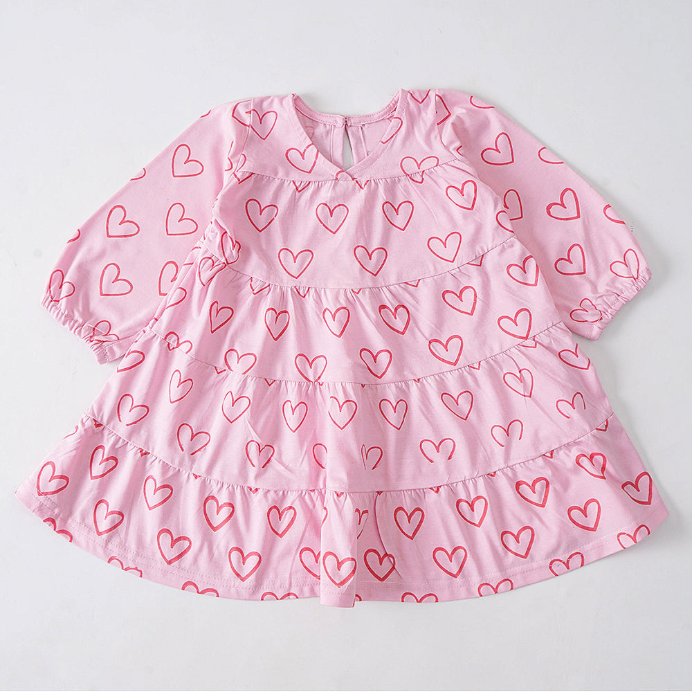 Sweetheart Tiered Dress - Pink with Red Hearts