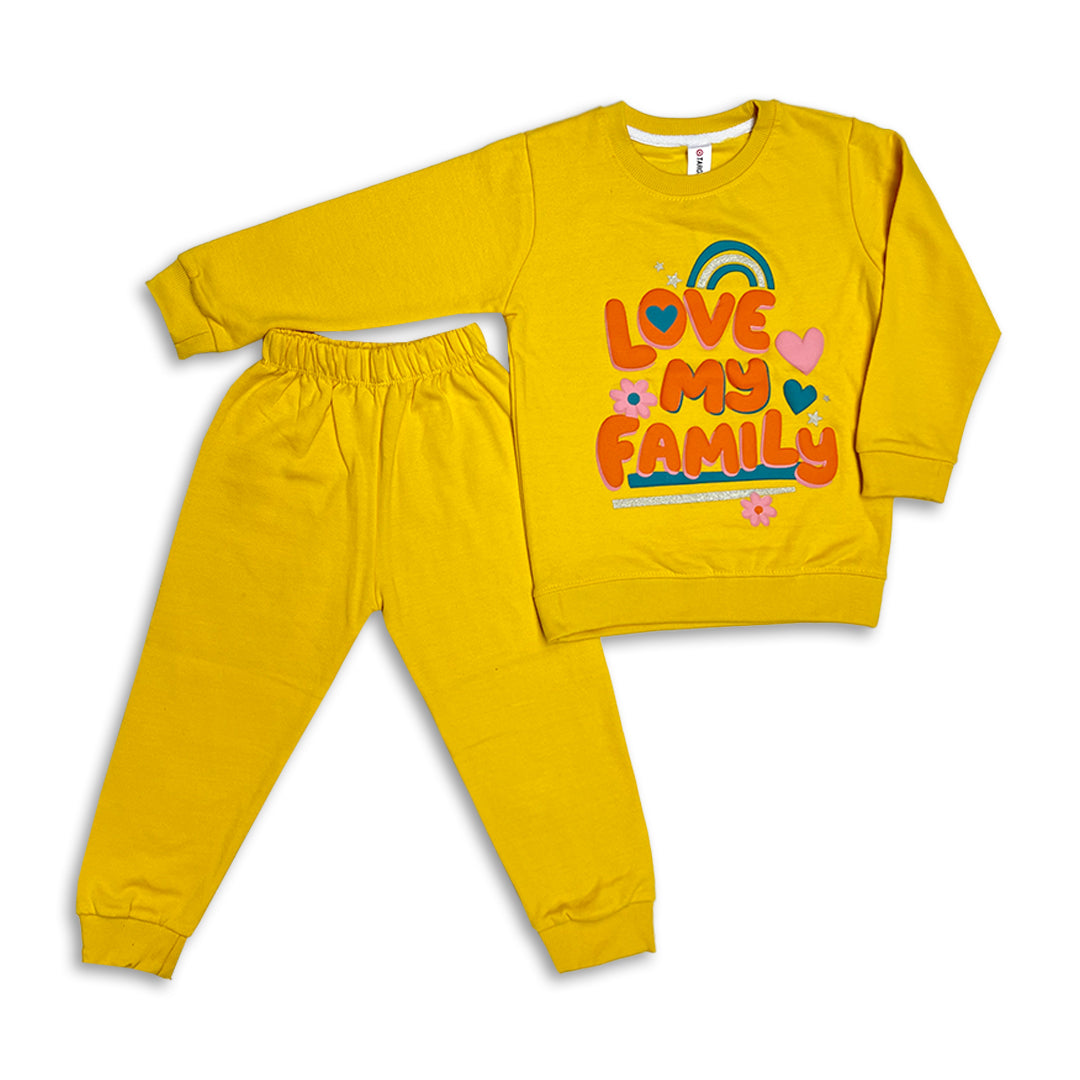 Bright Yellow  Branded Fleece Sweatshirt and Jogger Set with 'Love My Family' Graphic