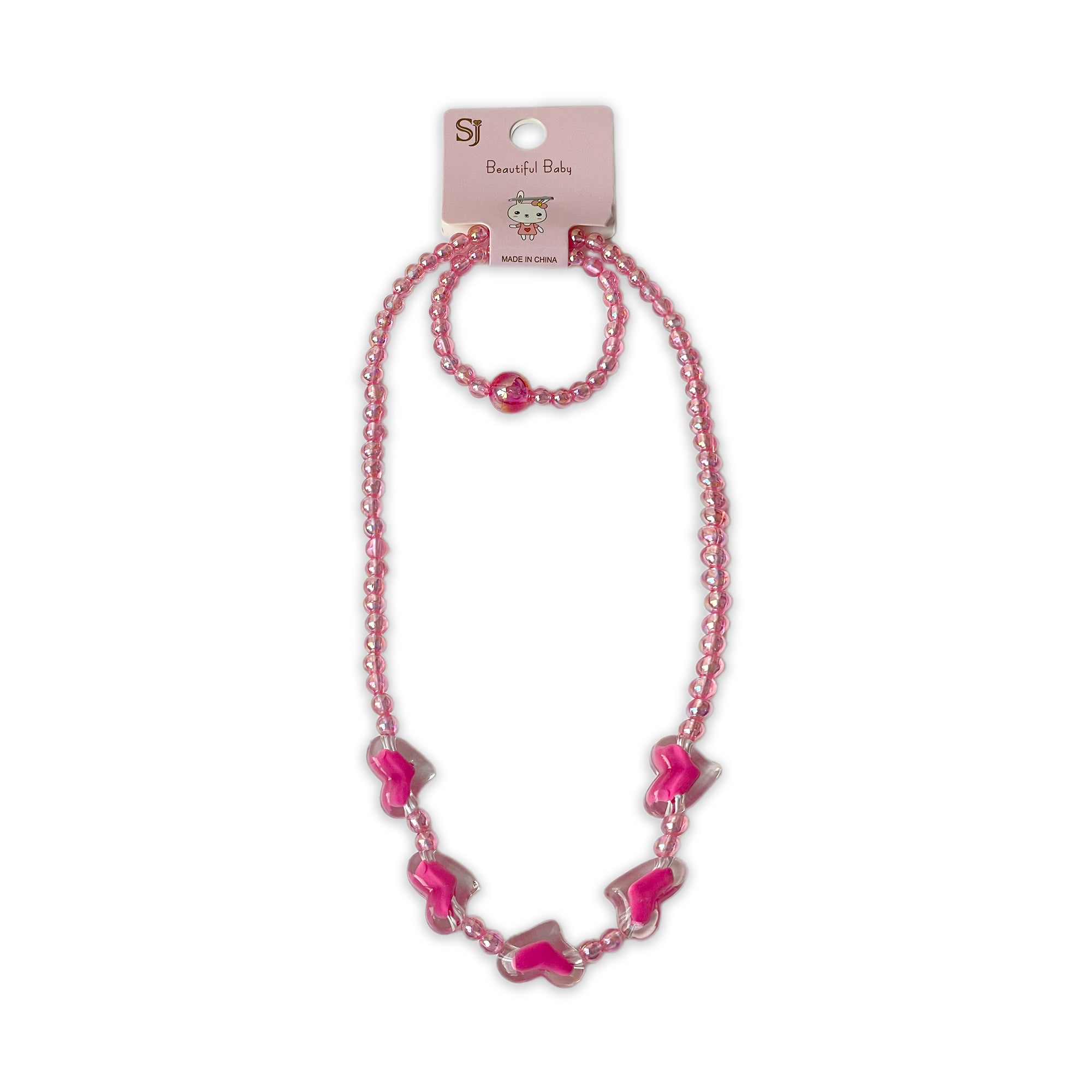 Children's Pink Beaded Necklace and Bracelet Set with Butterfly Charms