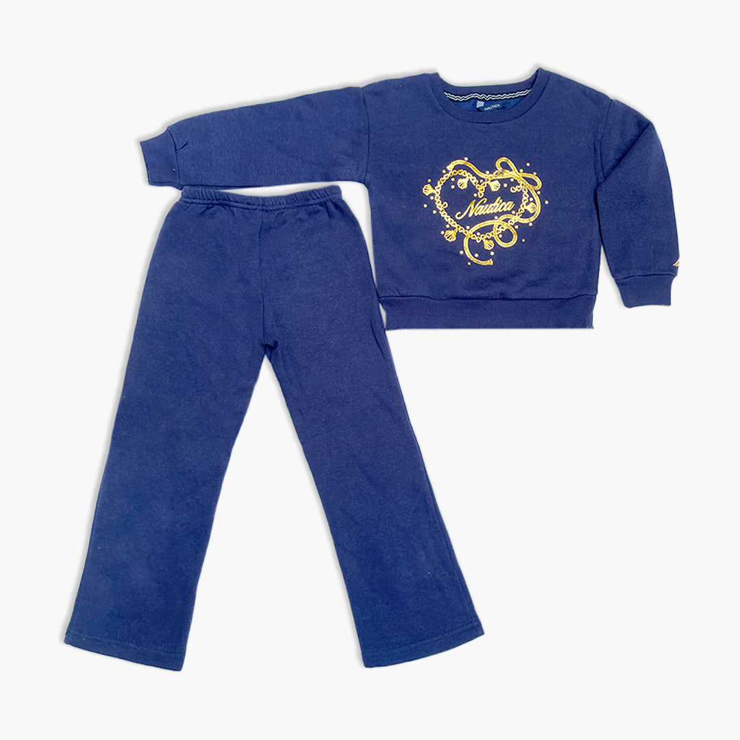 Nautica Girls' Navy & Gold Heart Graphic Pullover Sweatshirt & Track Pants Set