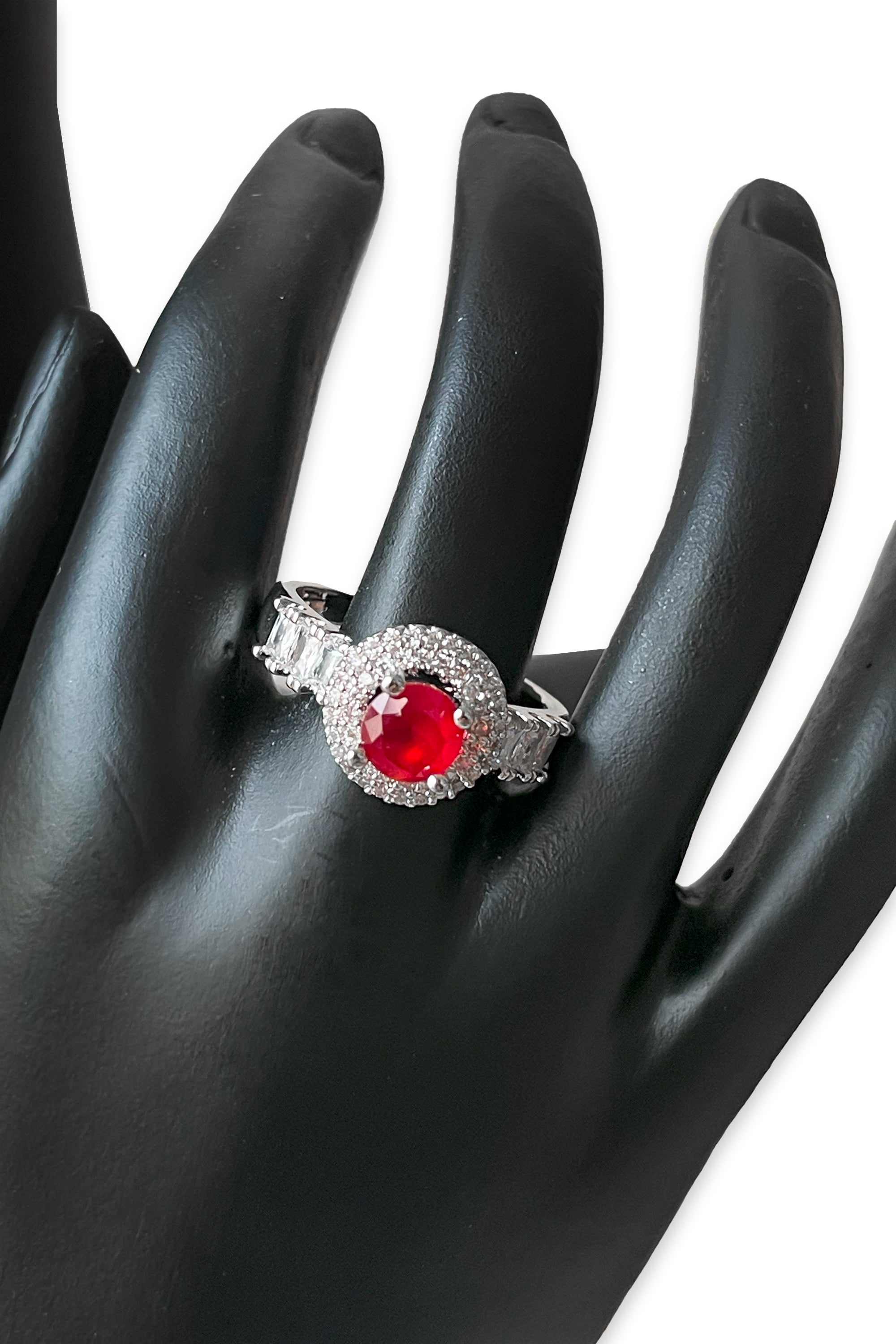 Silver-Tone Halo Ring with Ruby Center Stone & Diamond Accents