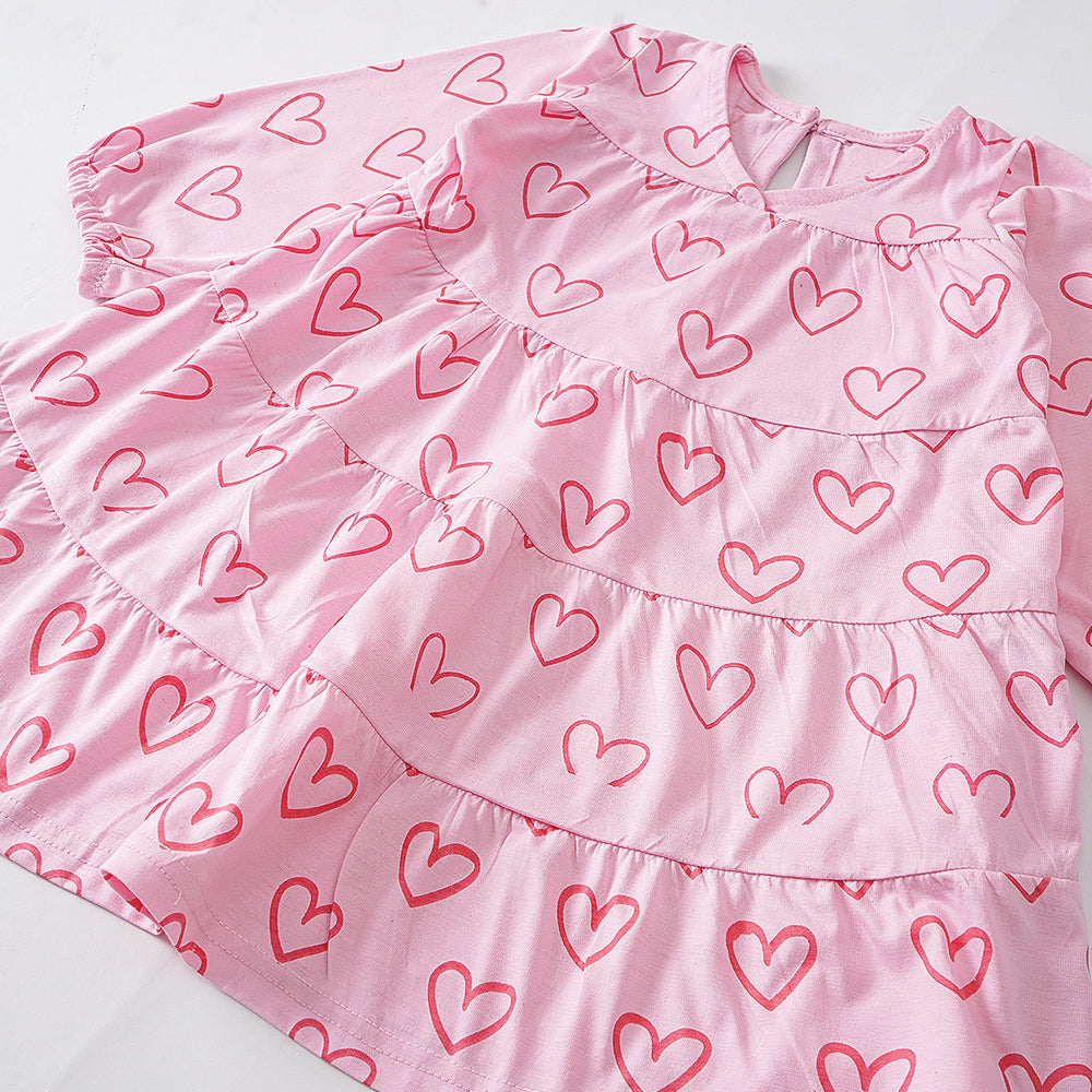 Sweetheart Tiered Dress - Pink with Red Hearts
