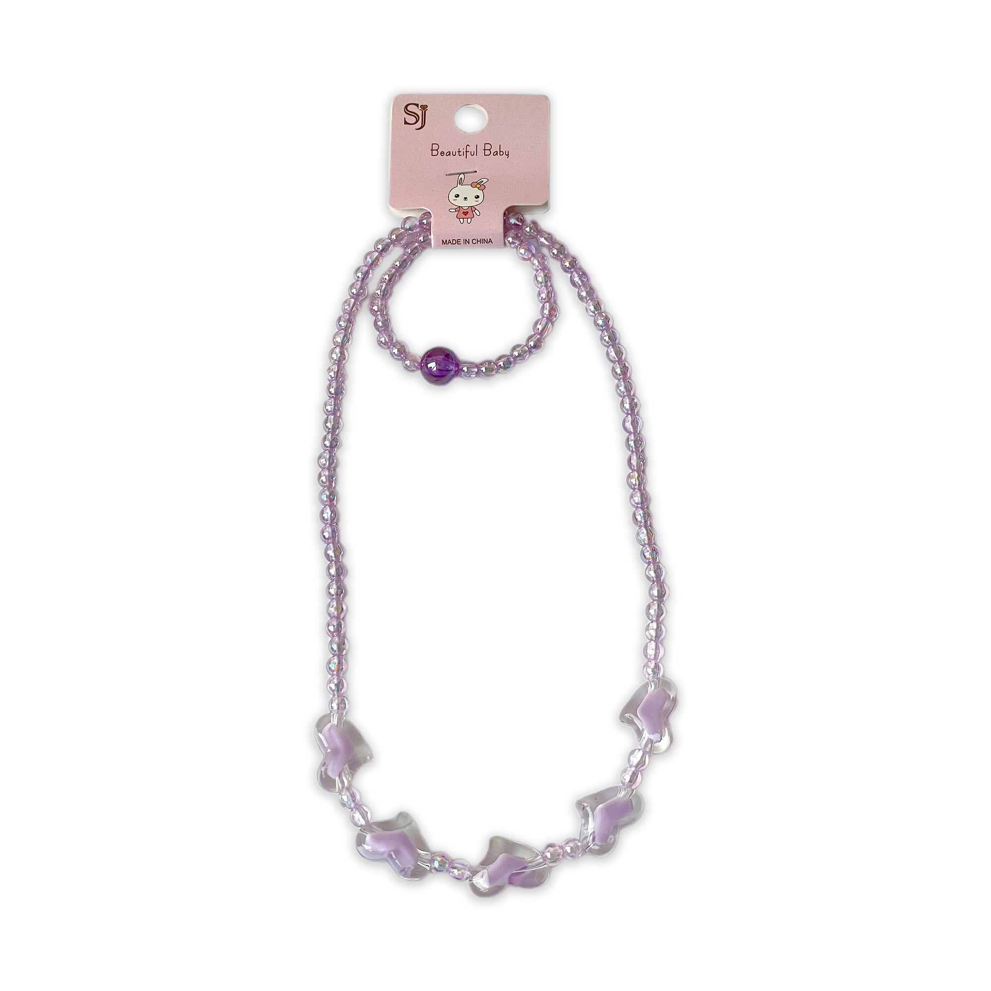 Children's Lilac Beaded Necklace and Bracelet Set with Butterfly Charms