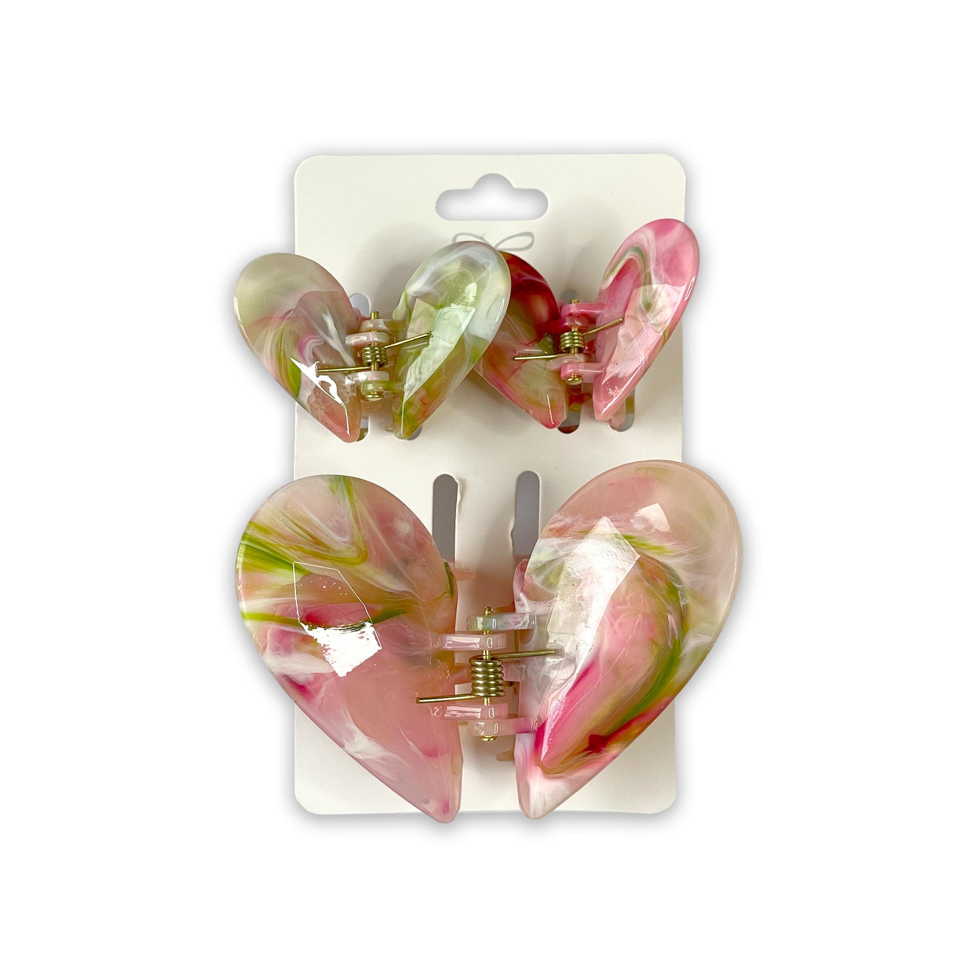 Set of Three Marbled Pink, White & Green Heart-Shaped Hair Claws
