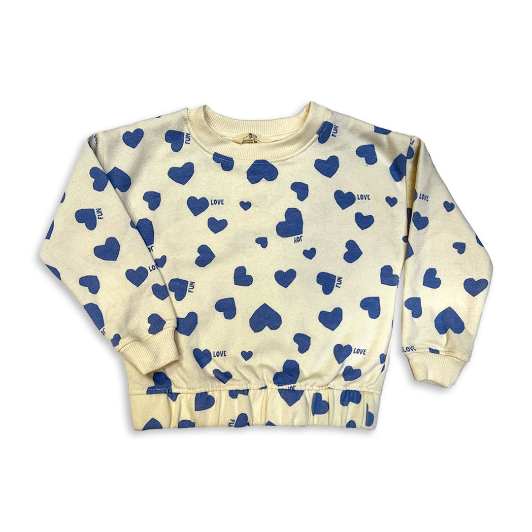 Kids' Pale Yellow  Branded Fleece Crewneck Sweatshirt with light Blue Heart Print