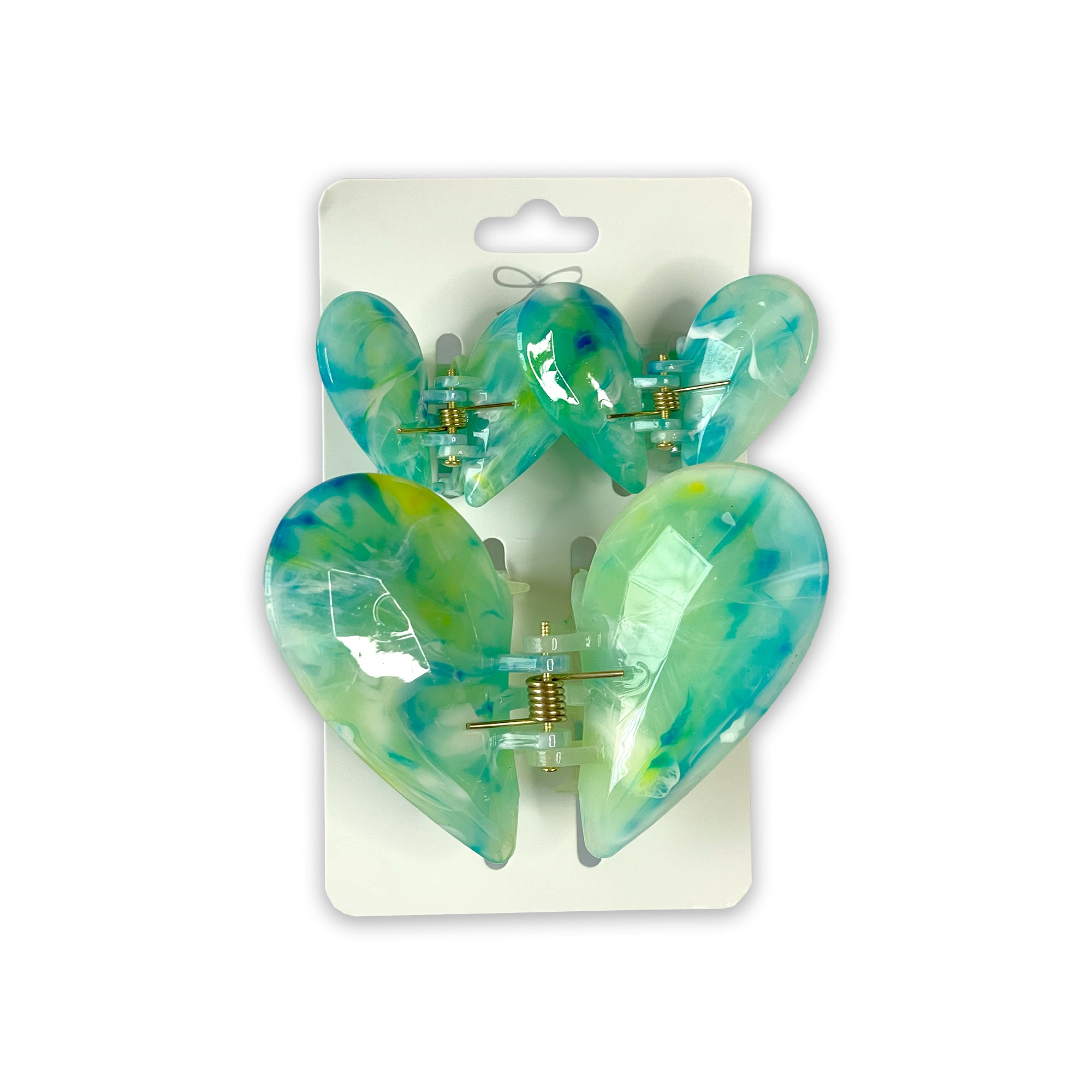 Set of Three Marbled Blue, Green & White Heart-Shaped Hair Claws