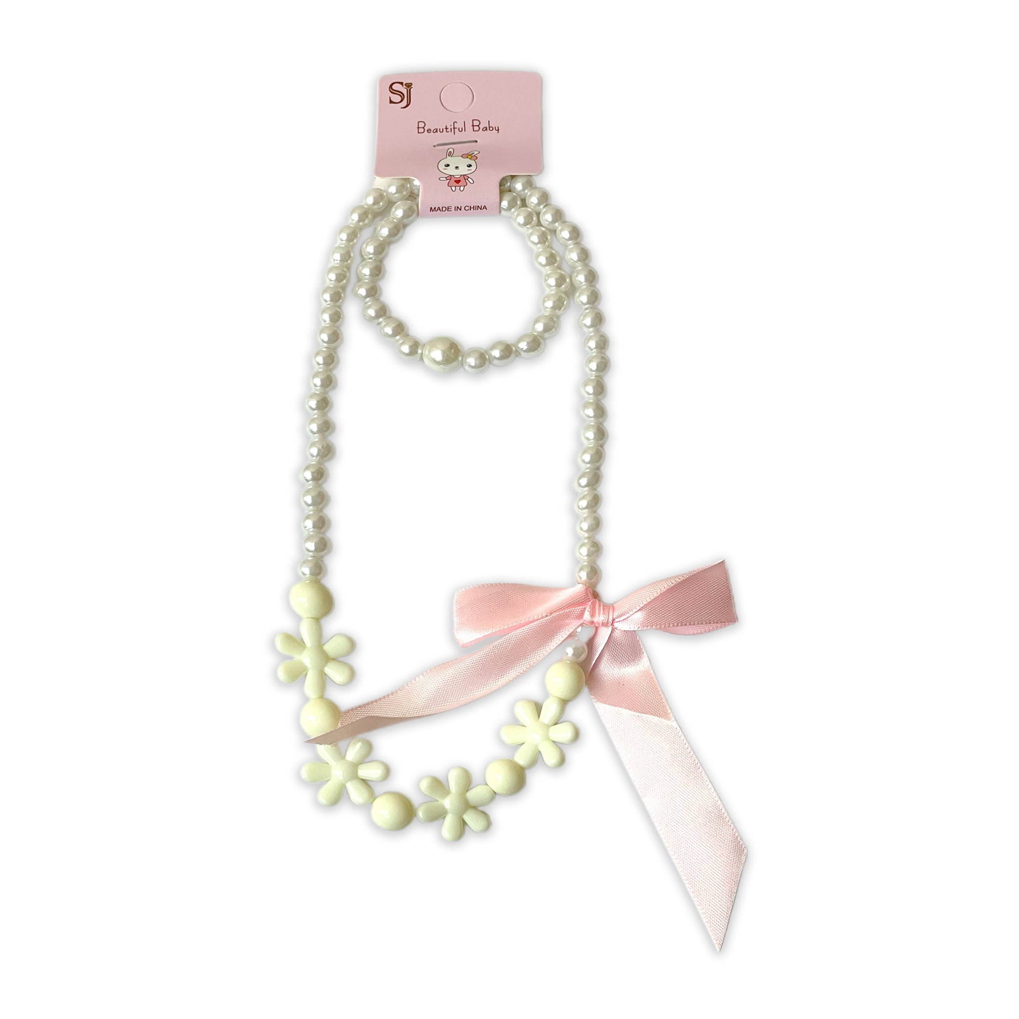 Children's Faux Pearl Necklace and Bracelet Set with Flowers and Bow